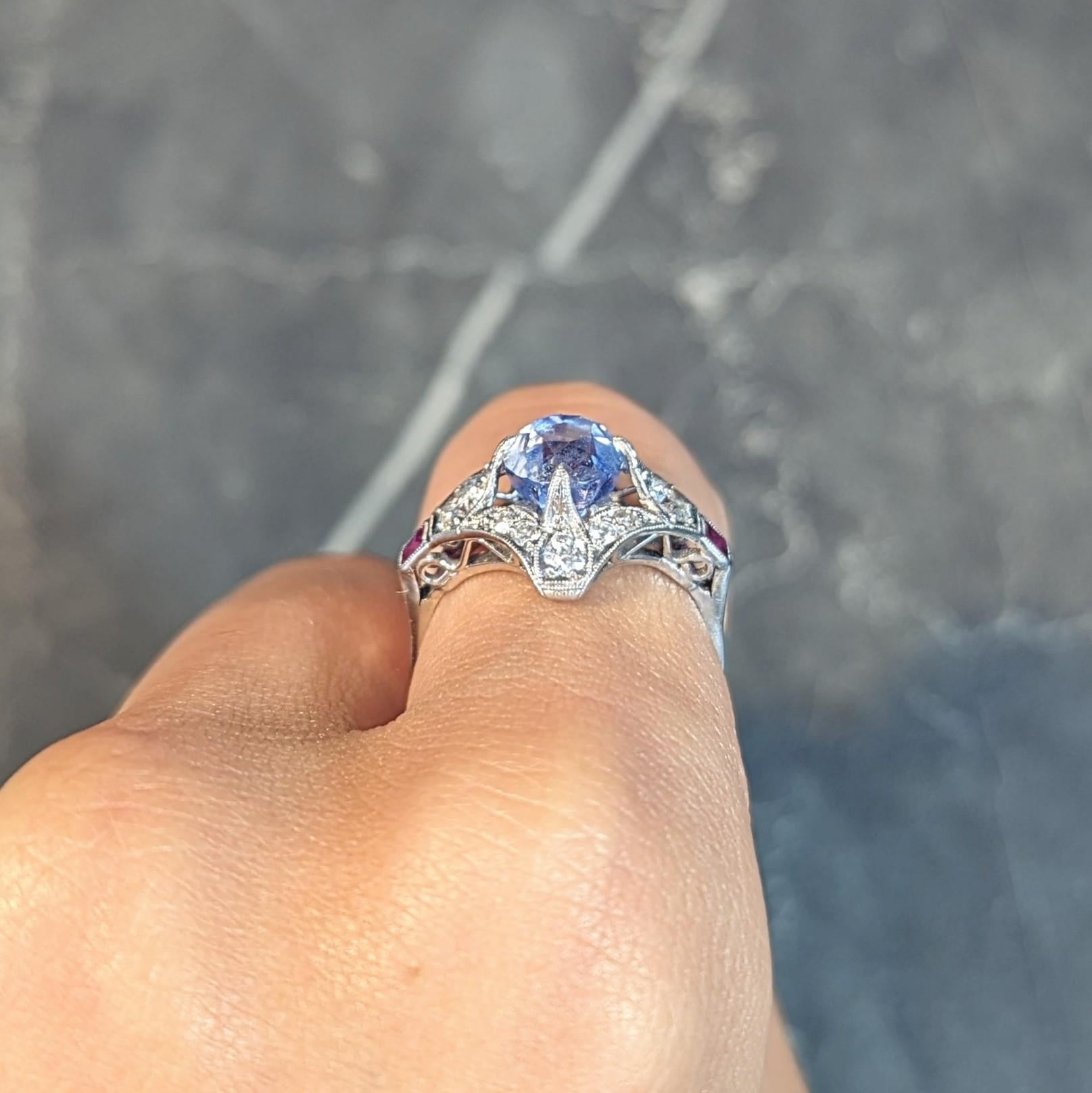 Art Deco 7.92 CTW No Heat Ceylon Sapphire Diamond Ruby Platinum Vintage Ring GIA