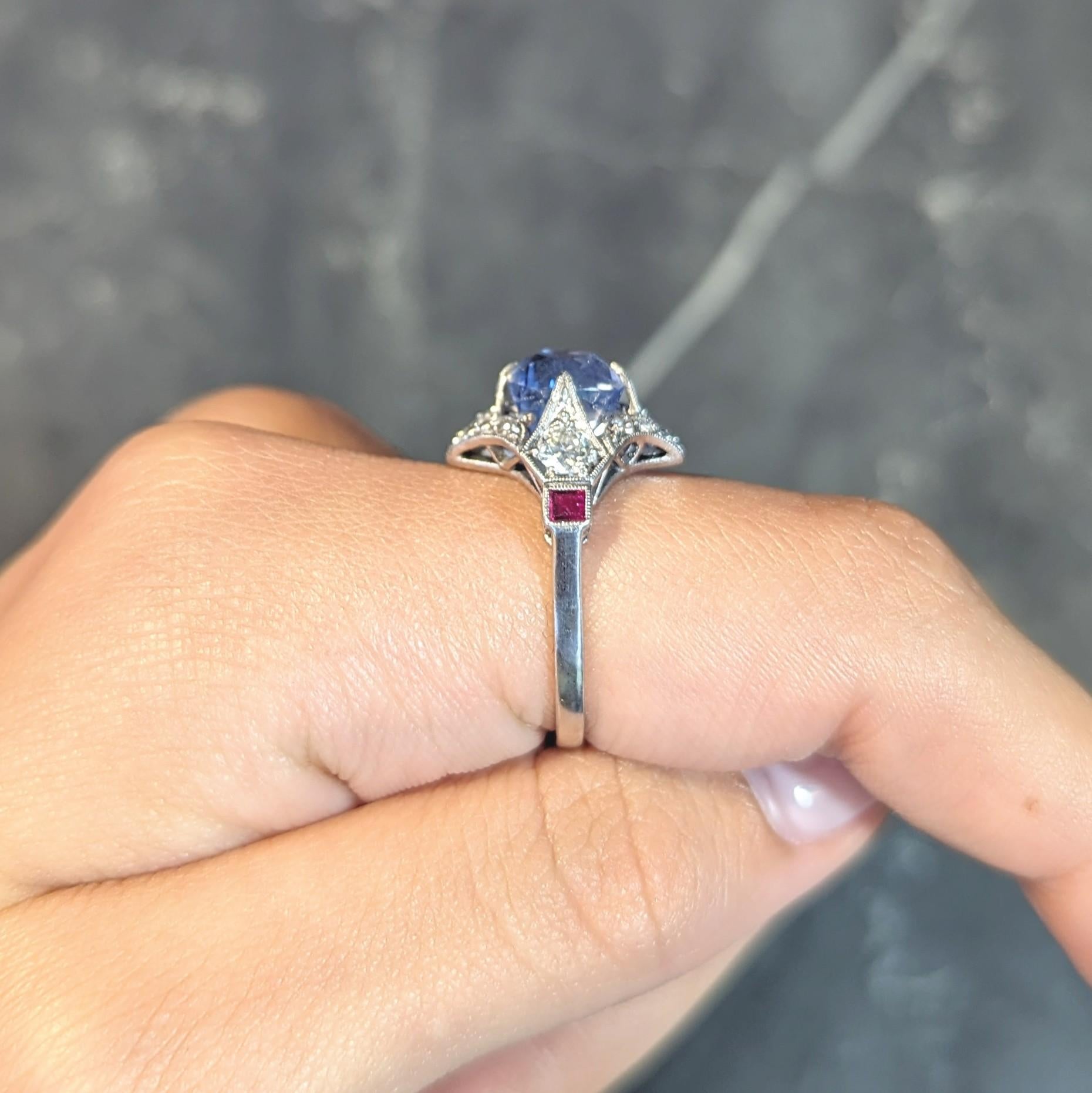 Art Deco 7.92 CTW No Heat Ceylon Sapphire Diamond Ruby Platinum Vintage Ring GIA