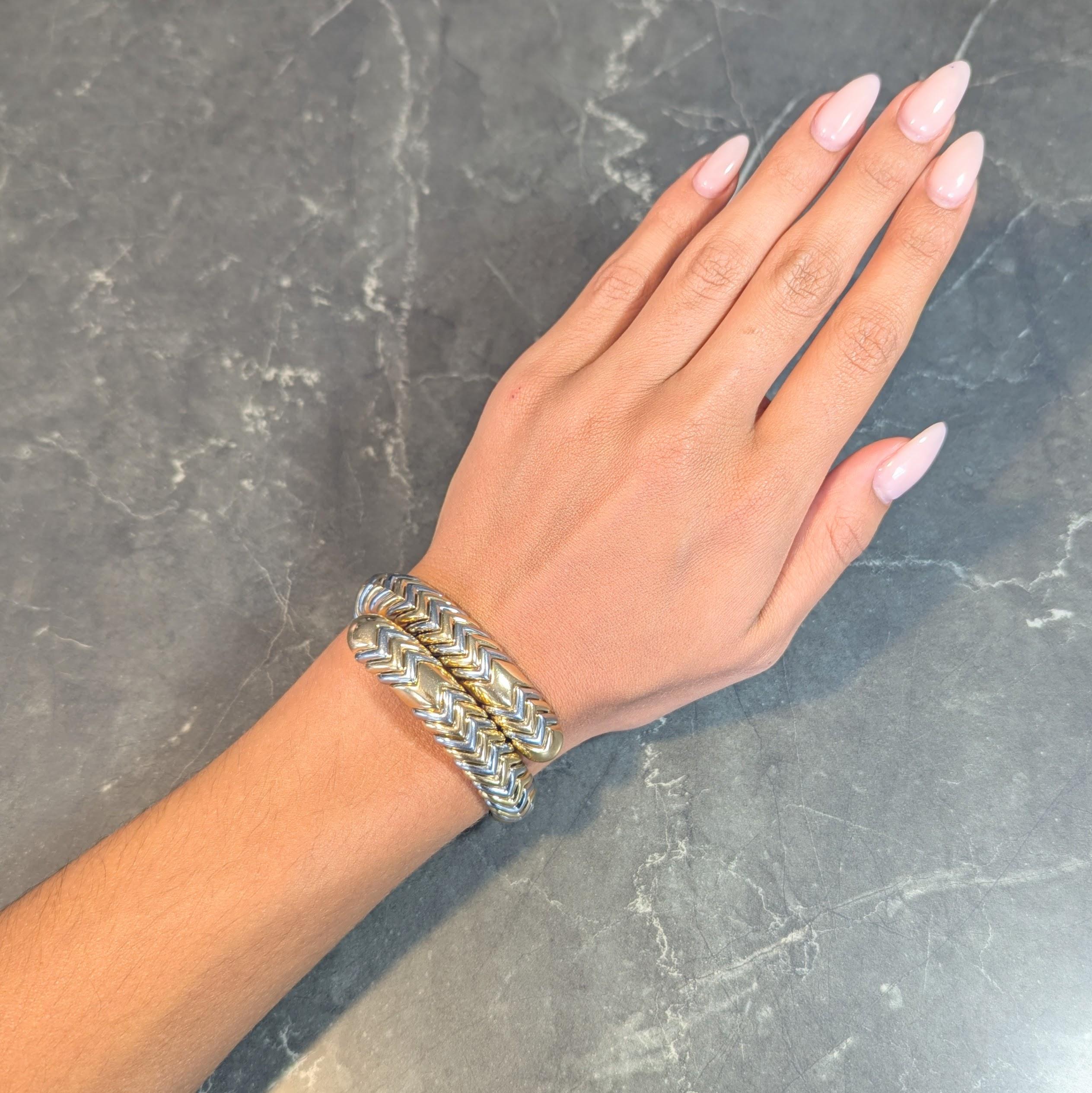 Bulgari 18K Gold Stainless Steel Spiga Chevron Wrap Vintage Bangle Bracelet