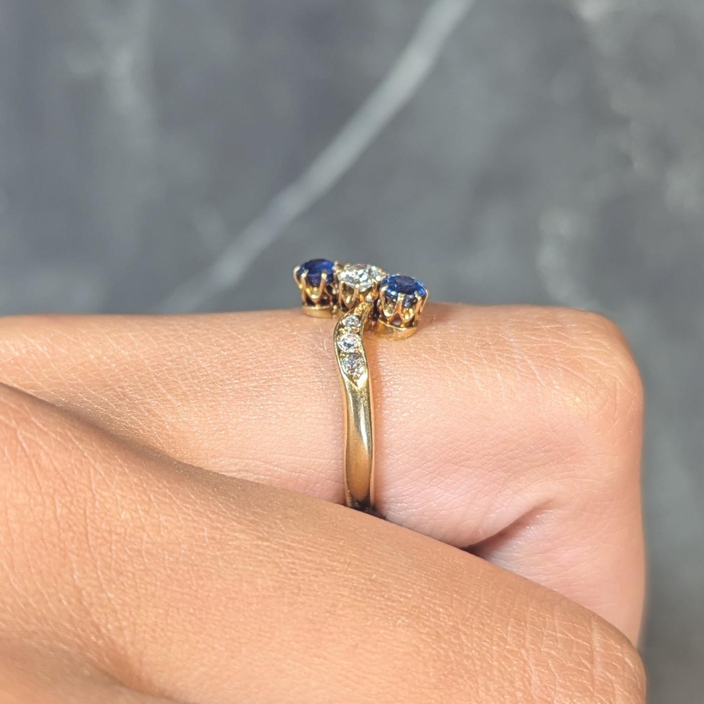 Victorian 0.68 CTW Sapphire Diamond 18 Karat Yellow Gold Antique Bypass Ring