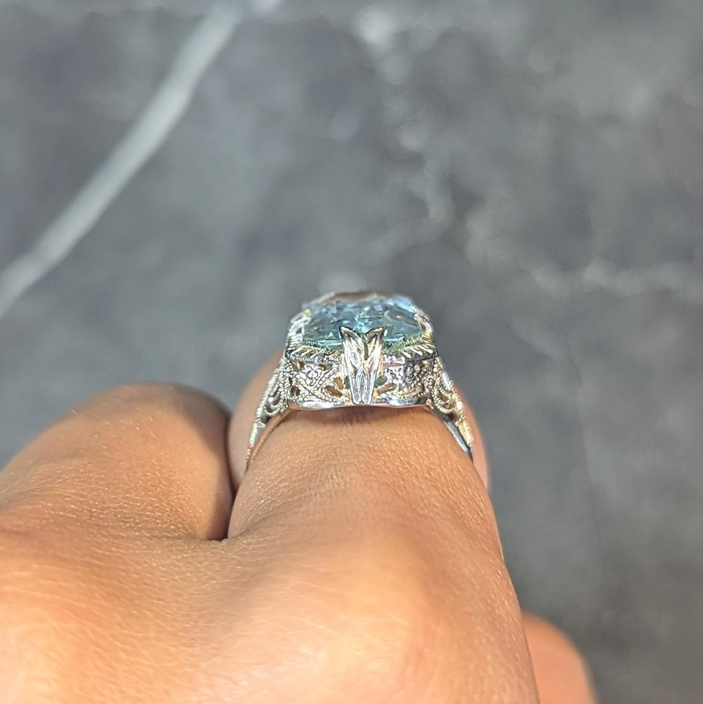 Art Deco 6.74 CTW Aquamarine 14 Karat White Gold Filigree Antique Dinner Ring