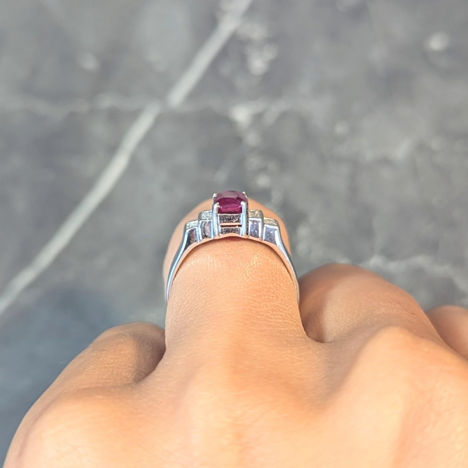 Contemporary 2.10 CTW Emerald Cut Ruby Diamond 18 Karat White Gold Ring