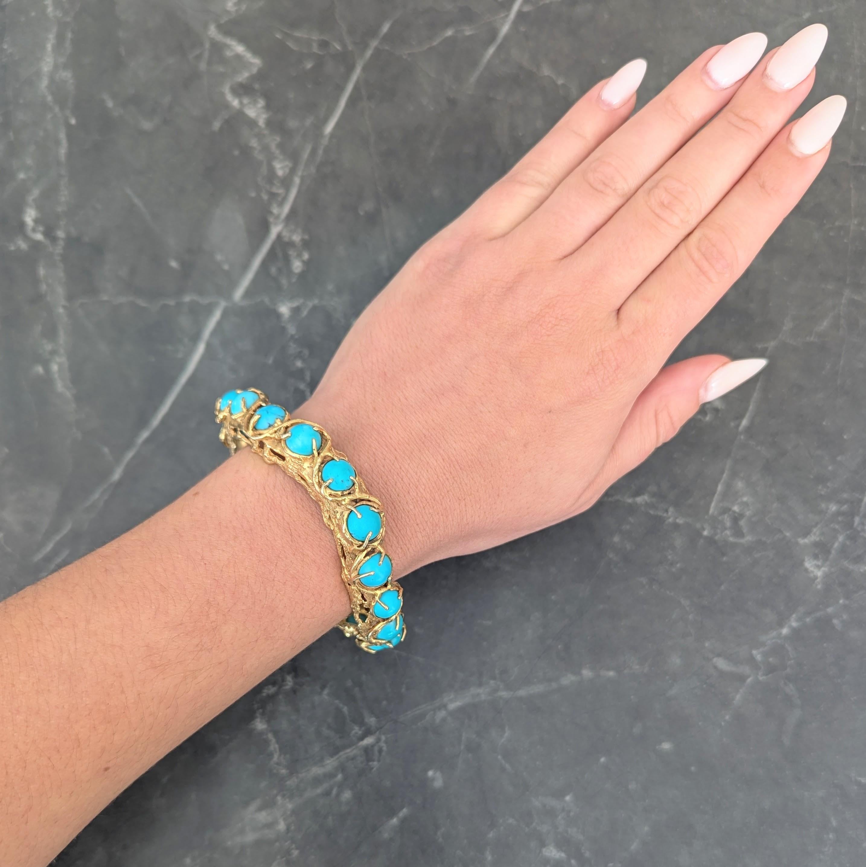 Arthur King Brutalist Turquoise Cabochon 18K Gold Vintage Bangle Bracelet