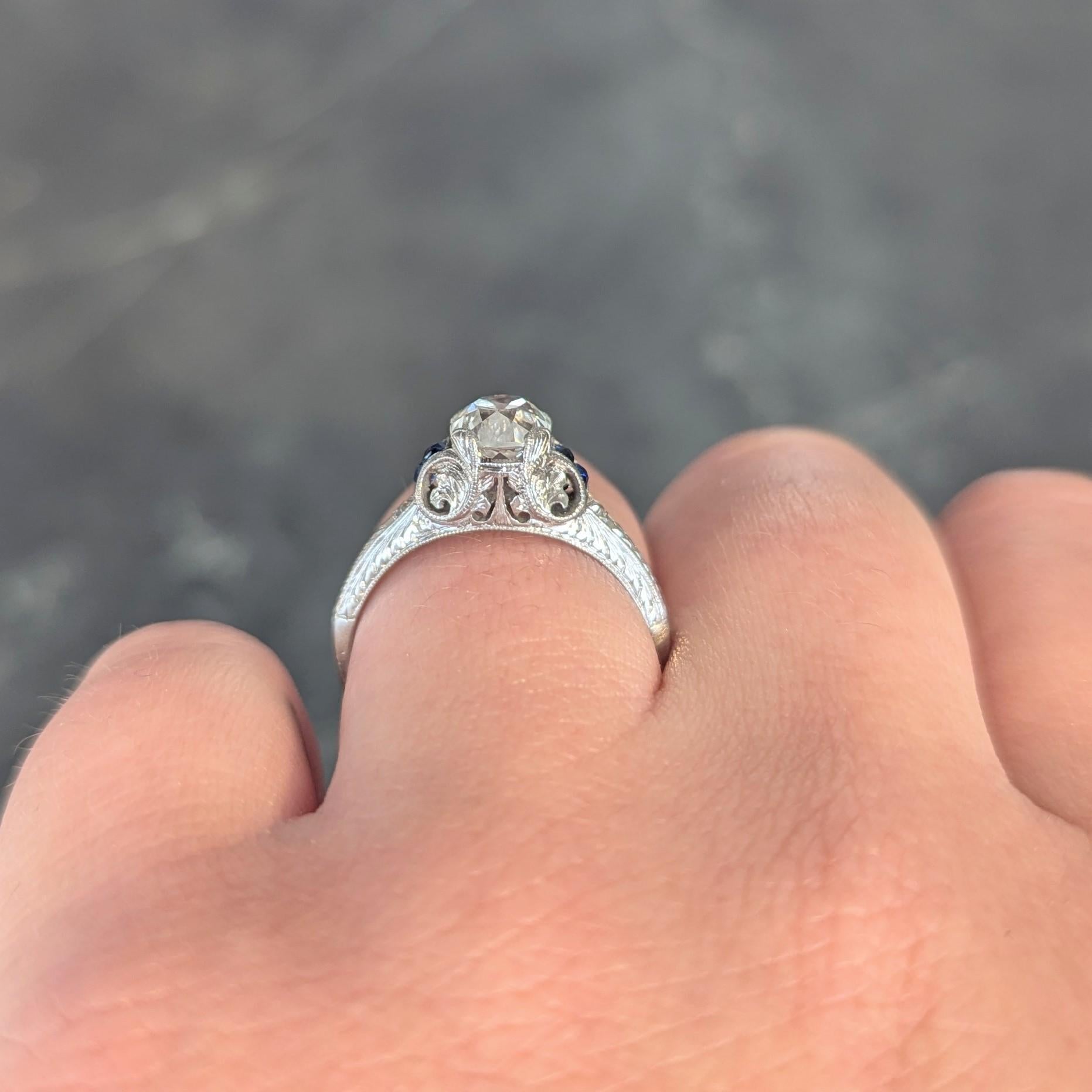 Art Deco 1.15 CTW Old Mine Diamond Sapphire Platinum Vintage Engagement Ring GIA