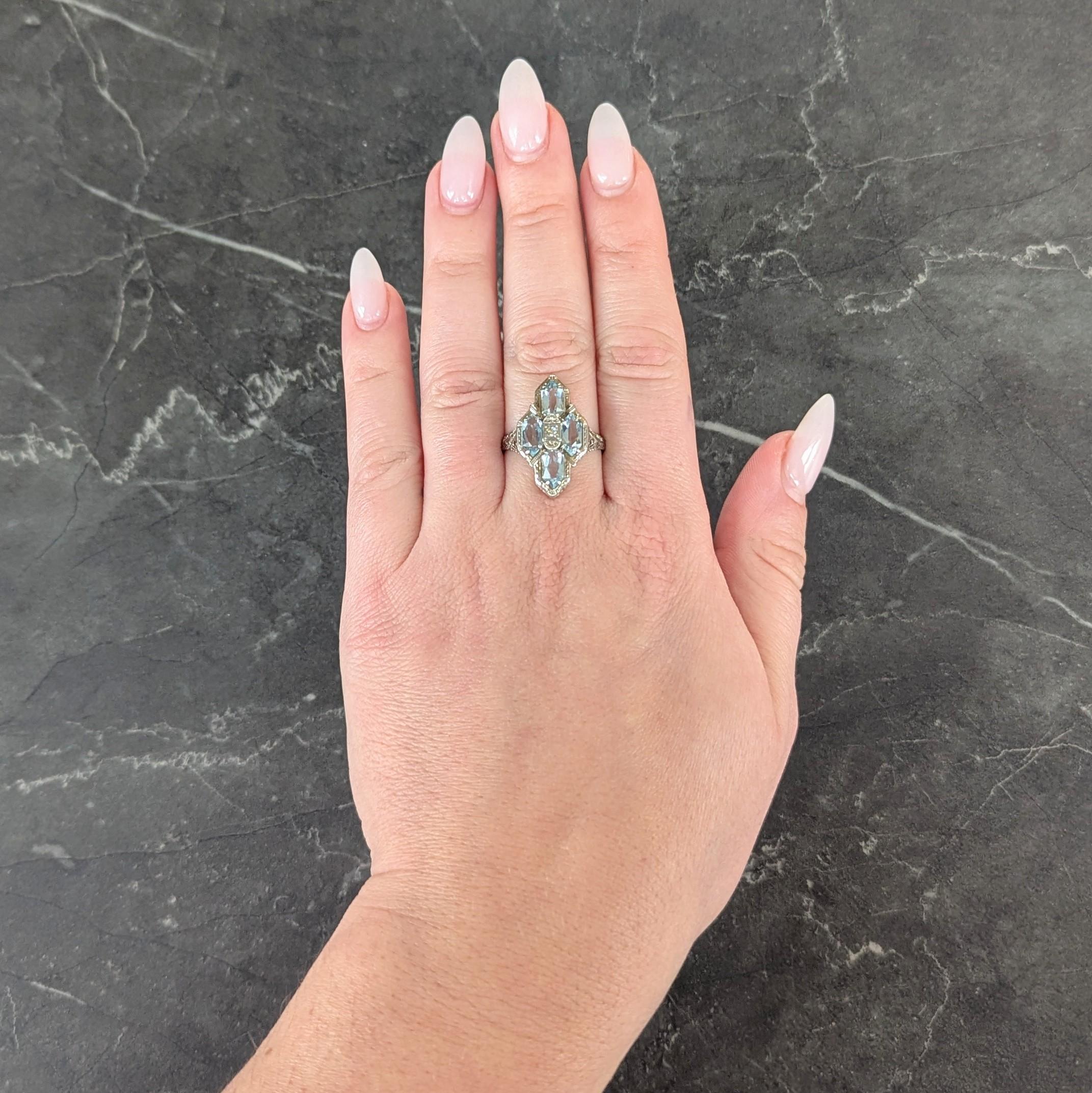Art Deco 2.80 CTW Aquamarine Diamond 14 Karat White Gold Vintage Navette Ring