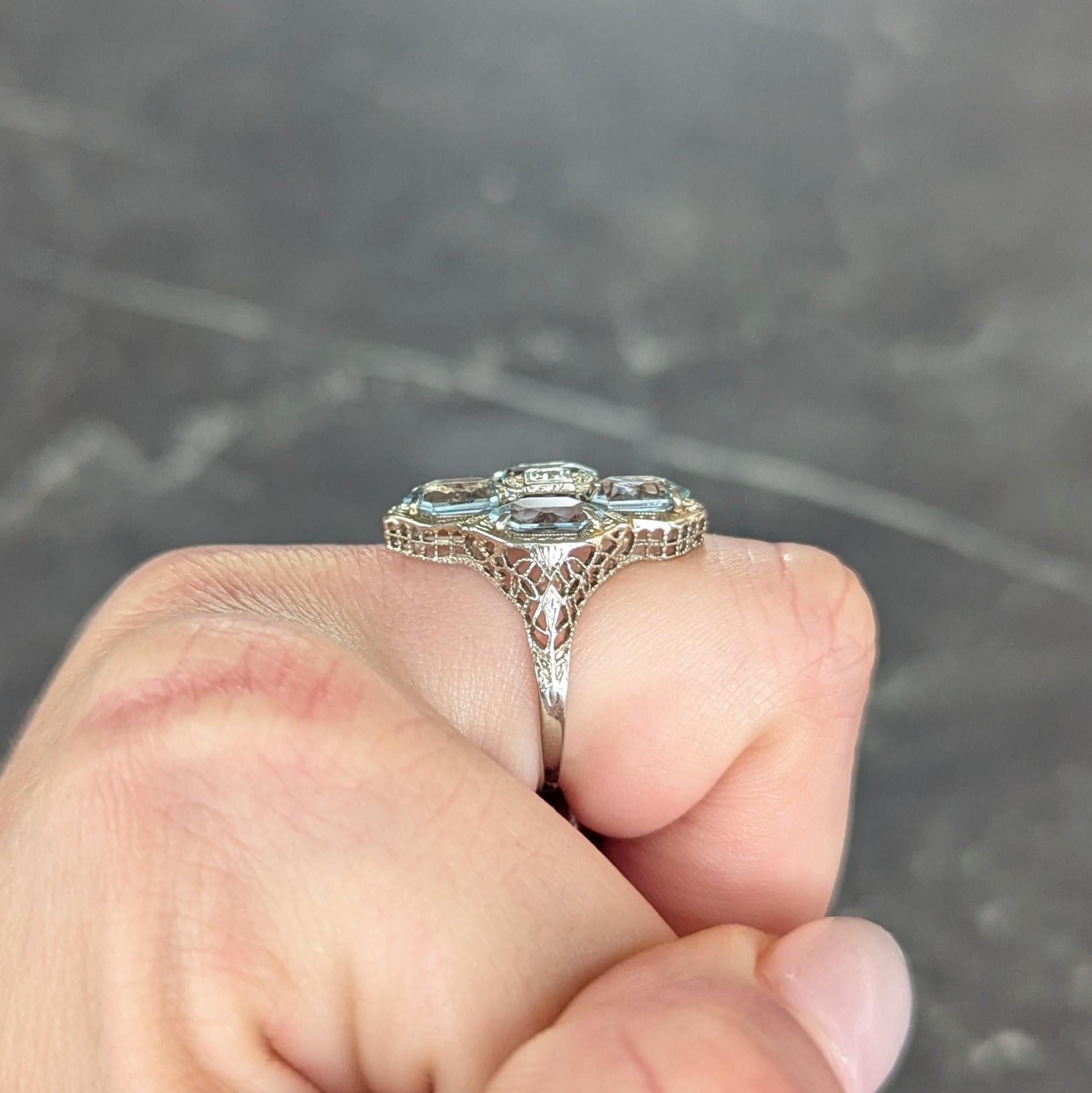 Art Deco 2.80 CTW Aquamarine Diamond 14 Karat White Gold Vintage Navette Ring