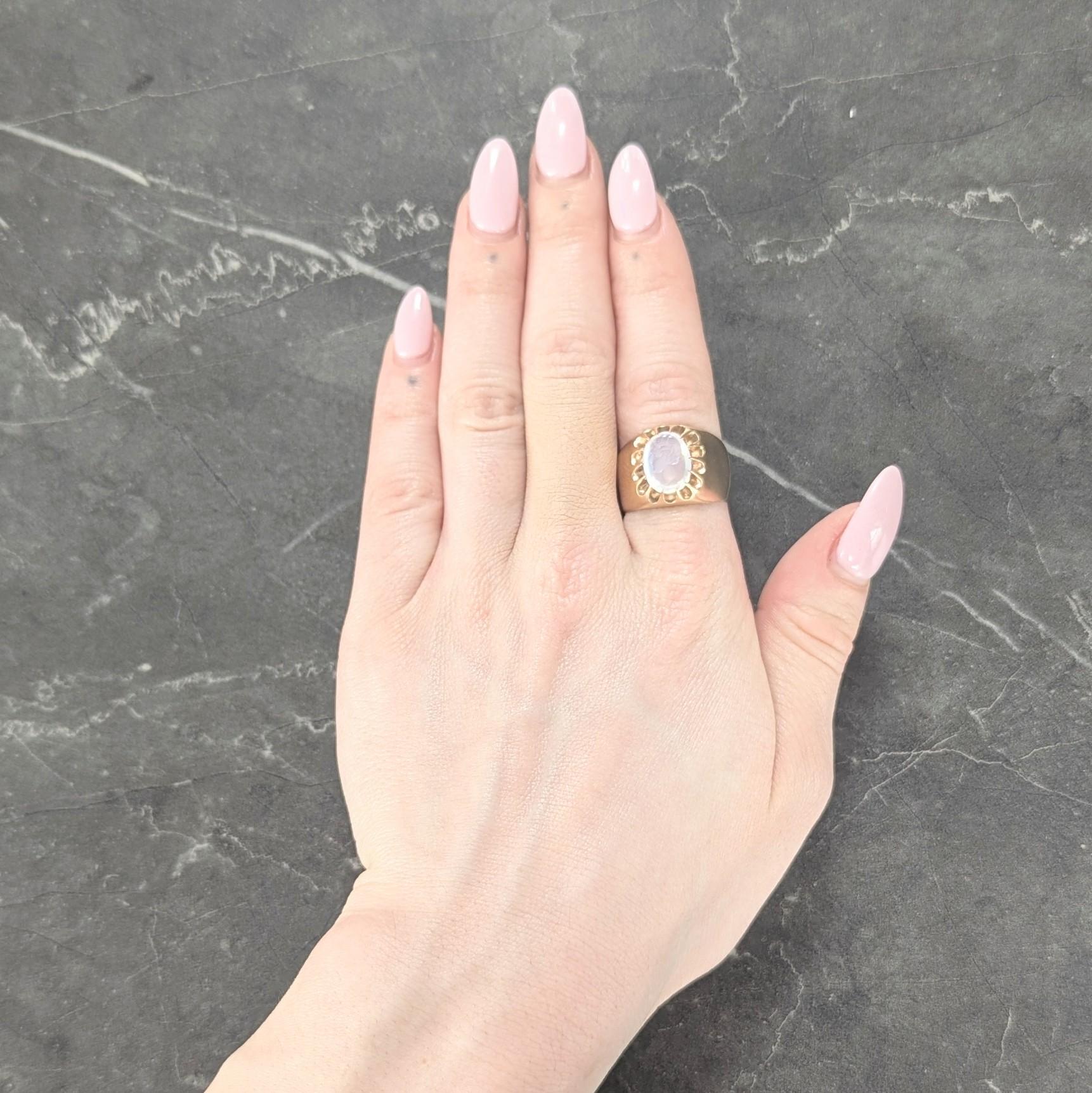 Victorian Moonstone Intaglio 14 Karat Yellow Gold Antique Belcher Unisex Ring