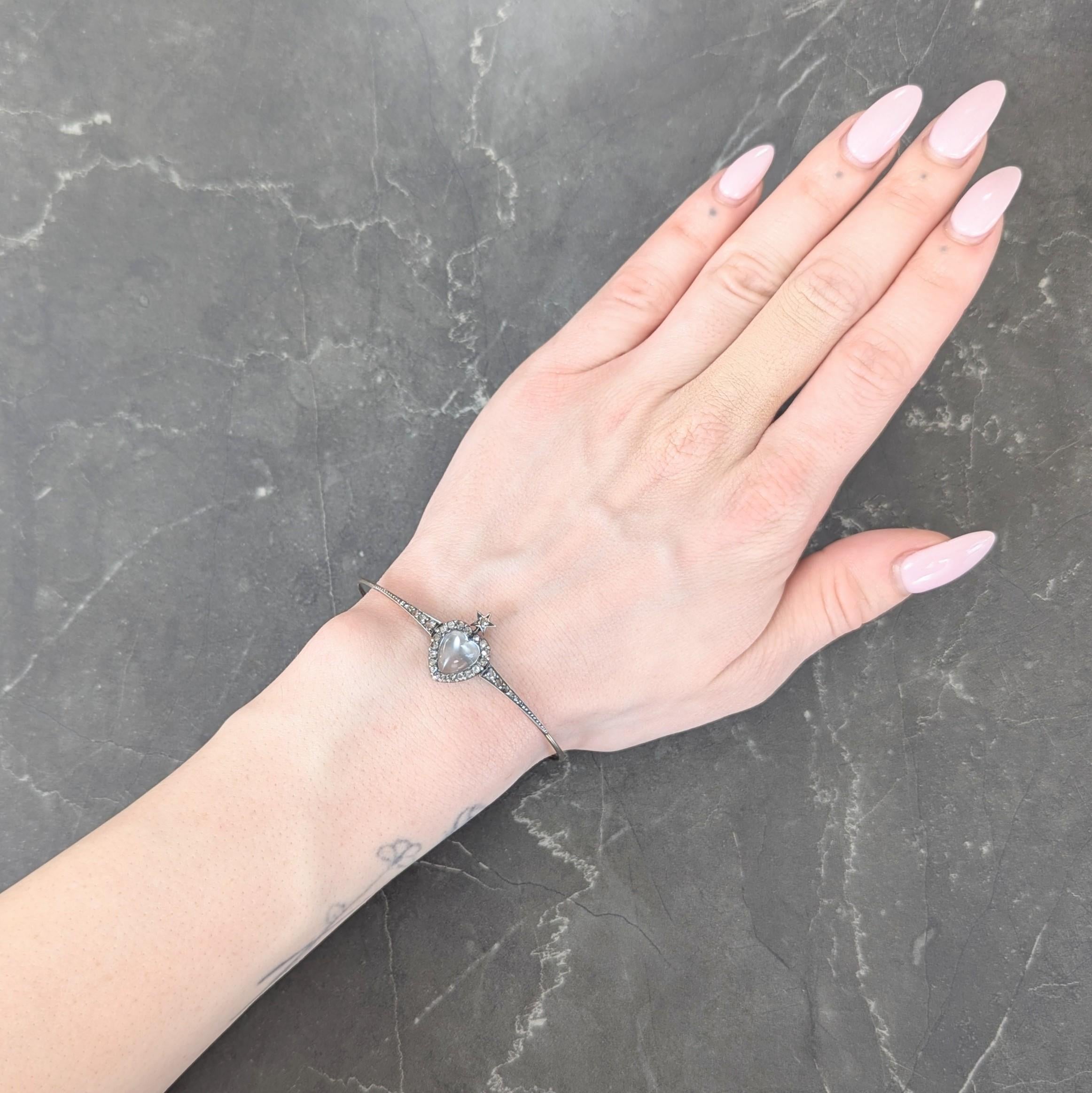 Victorian Moonstone Diamond 14K Gold Silver Heart Star Antique Bangle Bracelet