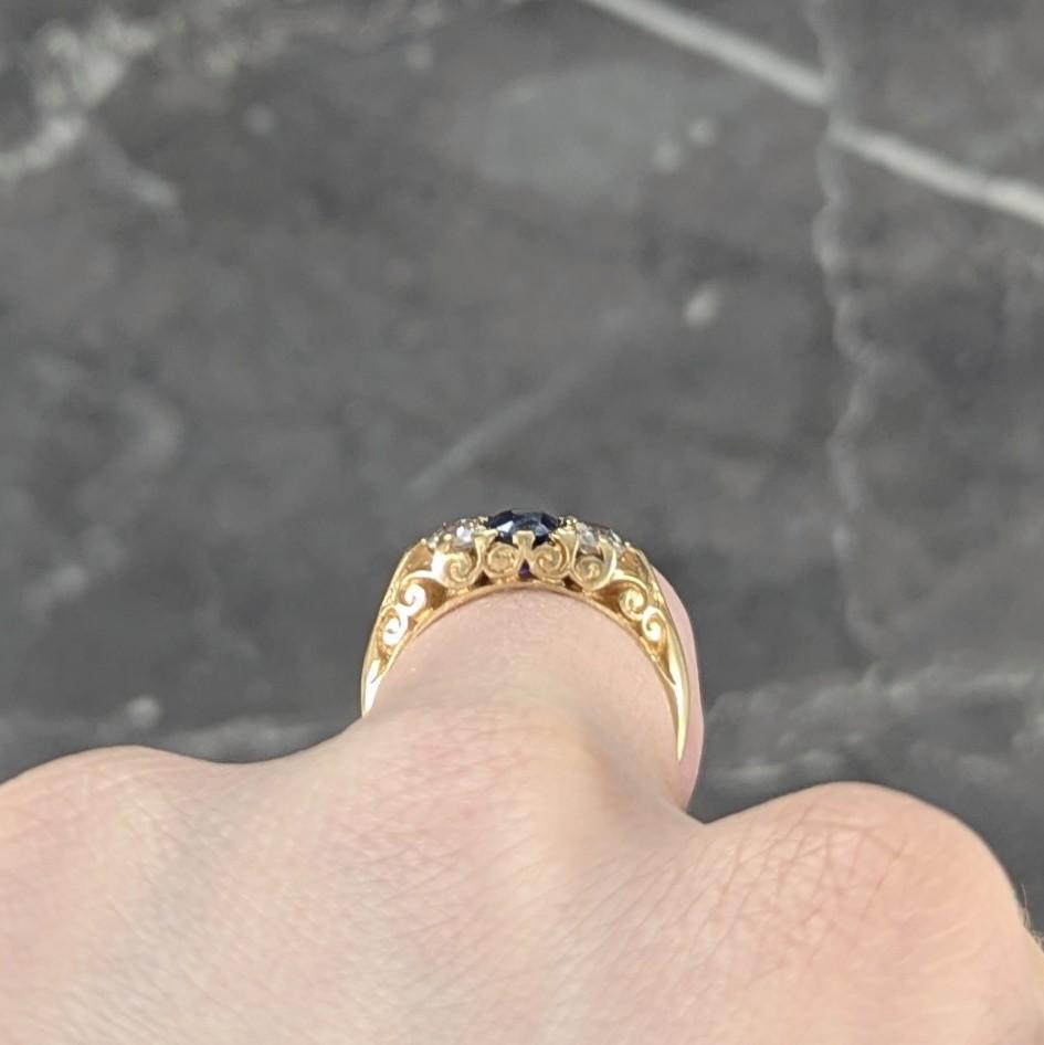 Victorian 1.54 CTW Sapphire Diamond 18K Yellow Gold Antique Scroll Band Ring