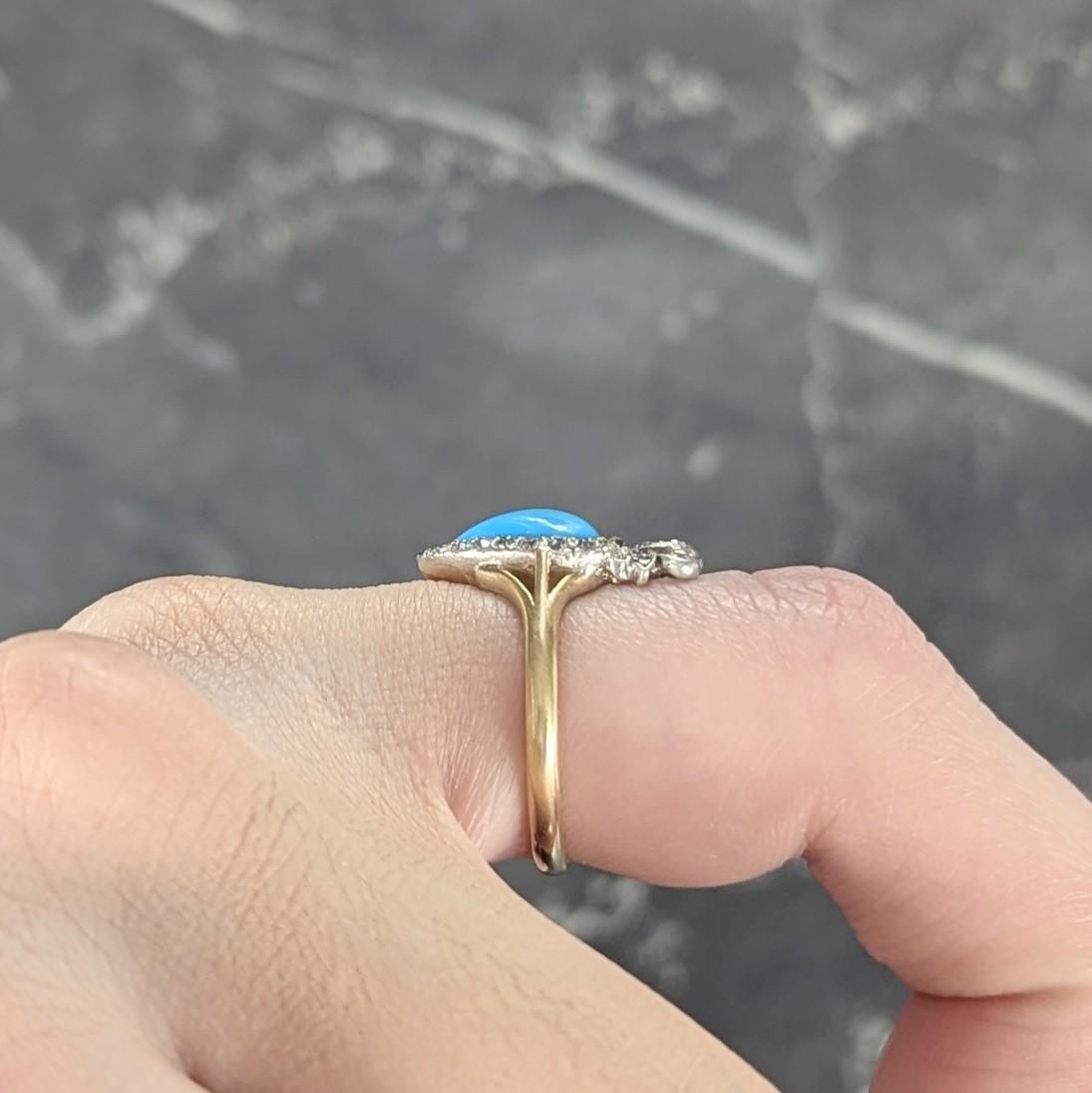 Victorian Turquoise Cabochon Diamond 18 Karat Yellow Gold Antique Heart Bow Ring