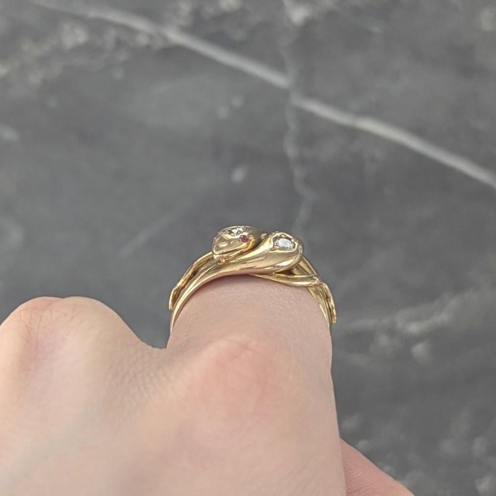 Victorian Diamond 14 Karat Yellow Gold Antique Lovers Knot Unisex Snake Ring