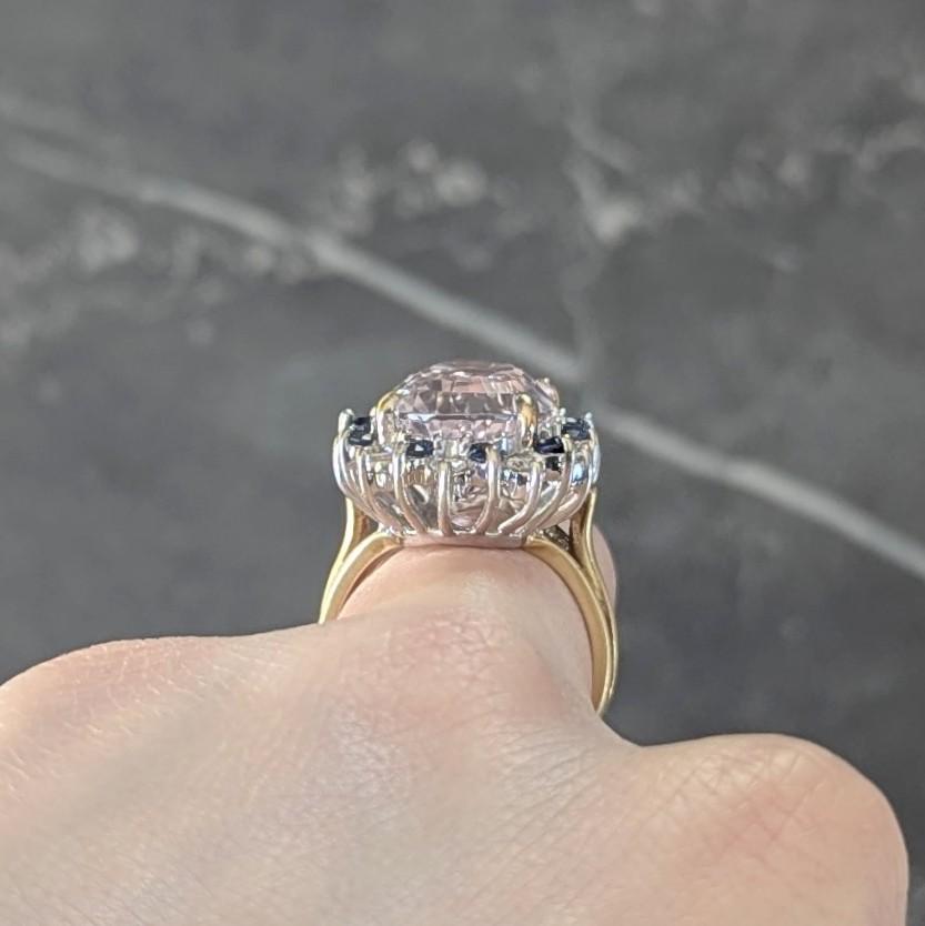 1980's Kunzite Sapphire Diamond 18 Karat Two-Tone Vintage Halo Ring