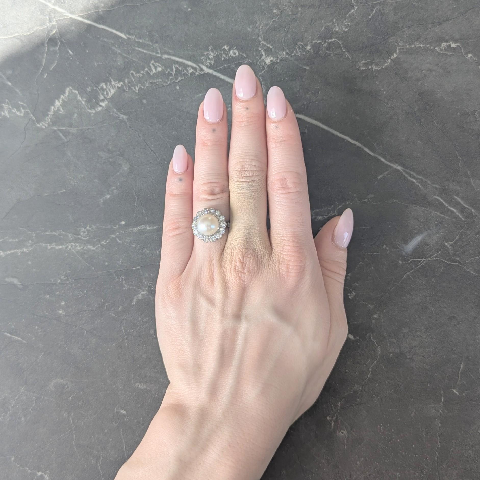 Mid-Century Pearl Diamond Platinum Vintage Halo Ring