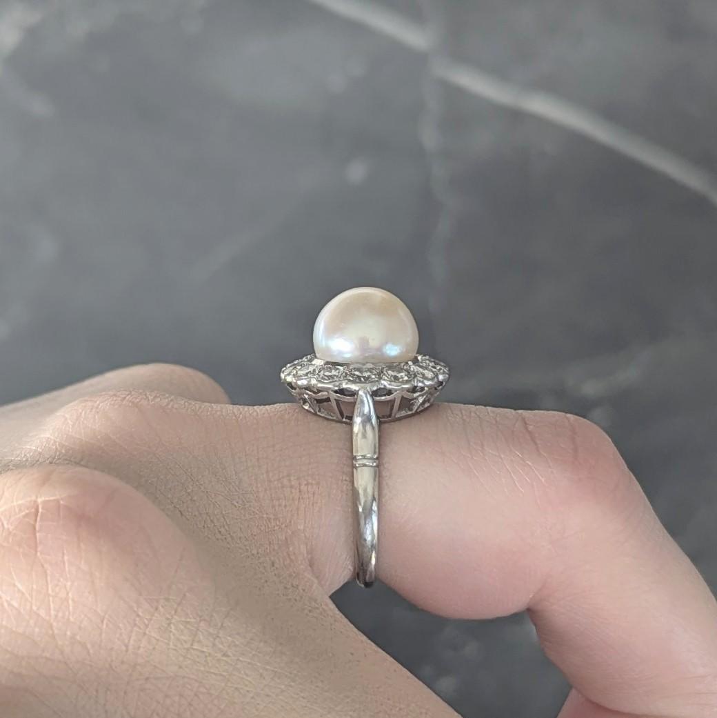 Mid-Century Pearl Diamond Platinum Vintage Halo Ring