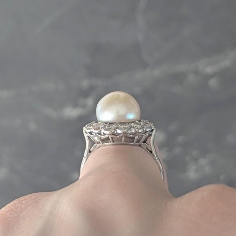 Mid-Century Pearl Diamond Platinum Vintage Halo Ring