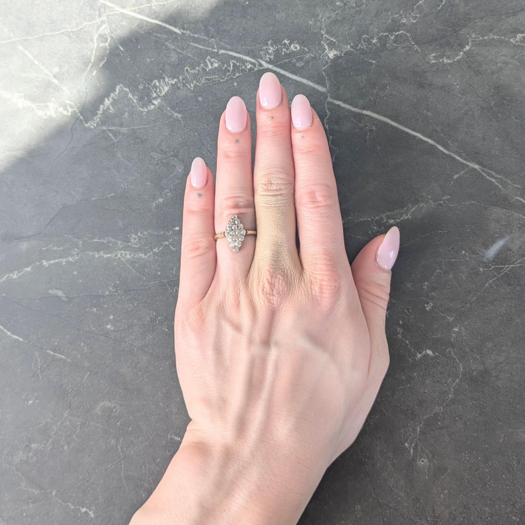 Victorian 0.96 CTW Old Mine Diamond 18 Karat Yellow Gold Antique Navette Ring