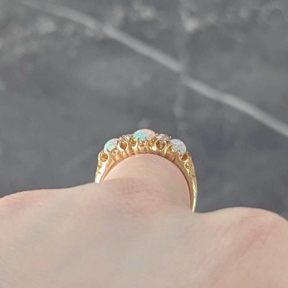 Art Nouveau Opal Diamond 18 Karat Yellow Gold Foliate Antique Band Ring