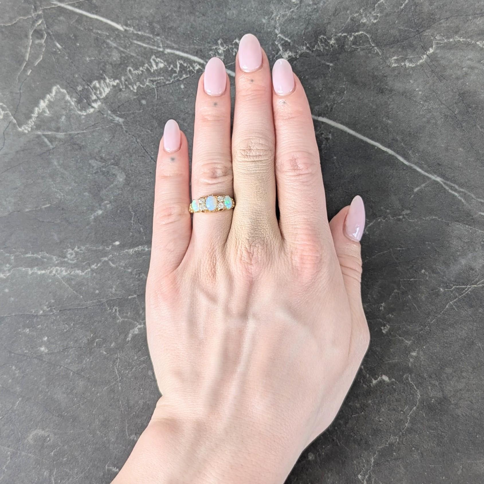 Art Nouveau Opal Diamond 18 Karat Yellow Gold Foliate Antique Band Ring