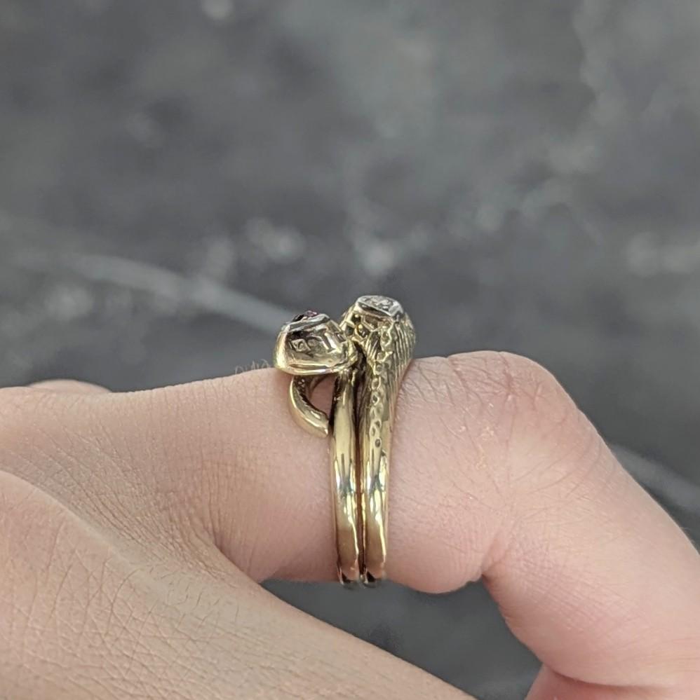 Vintage Ruby Diamond 14 Karat Two-Tone Gold Lovers Knot Unisex Snake Band Ring