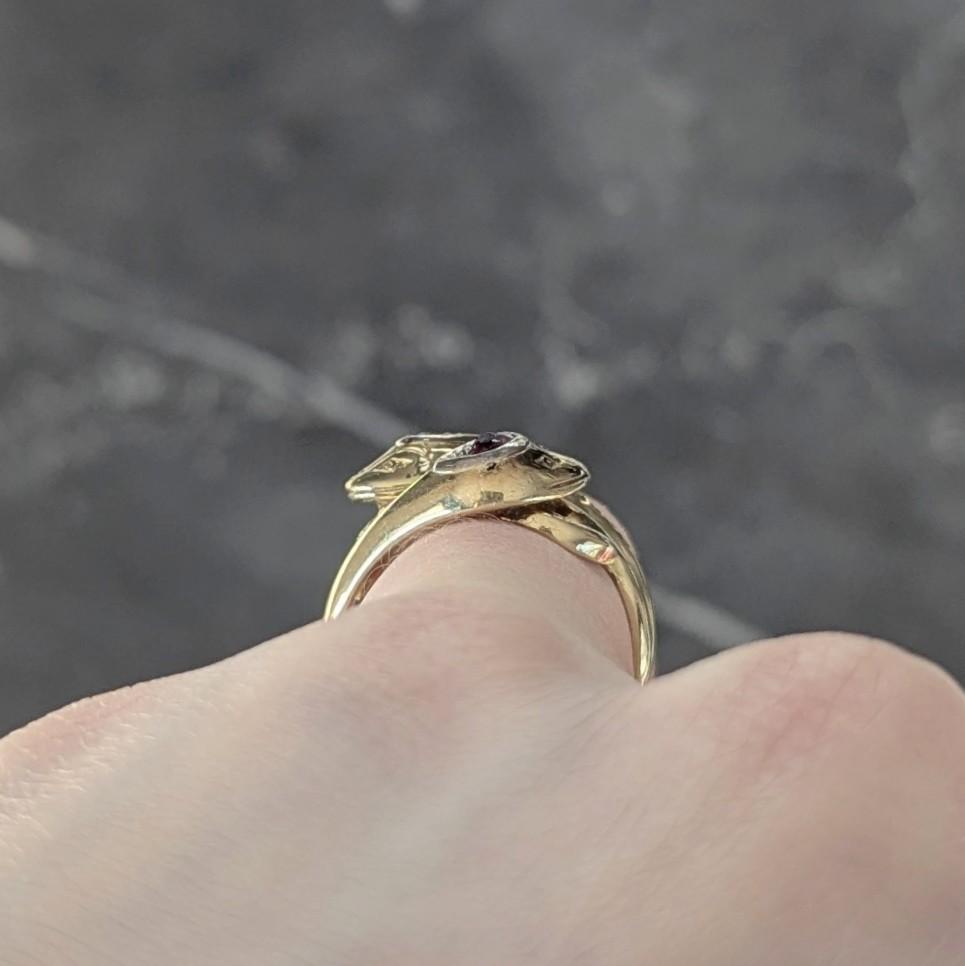 Vintage Ruby Diamond 14 Karat Two-Tone Gold Lovers Knot Unisex Snake Band Ring
