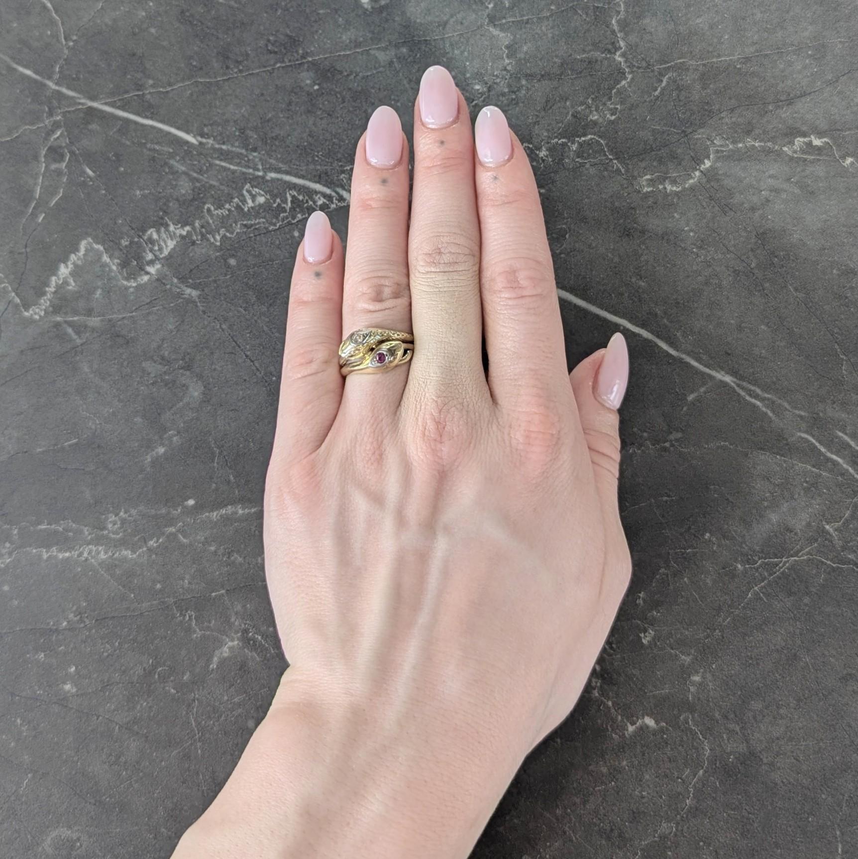 Vintage Ruby Diamond 14 Karat Two-Tone Gold Lovers Knot Unisex Snake Band Ring