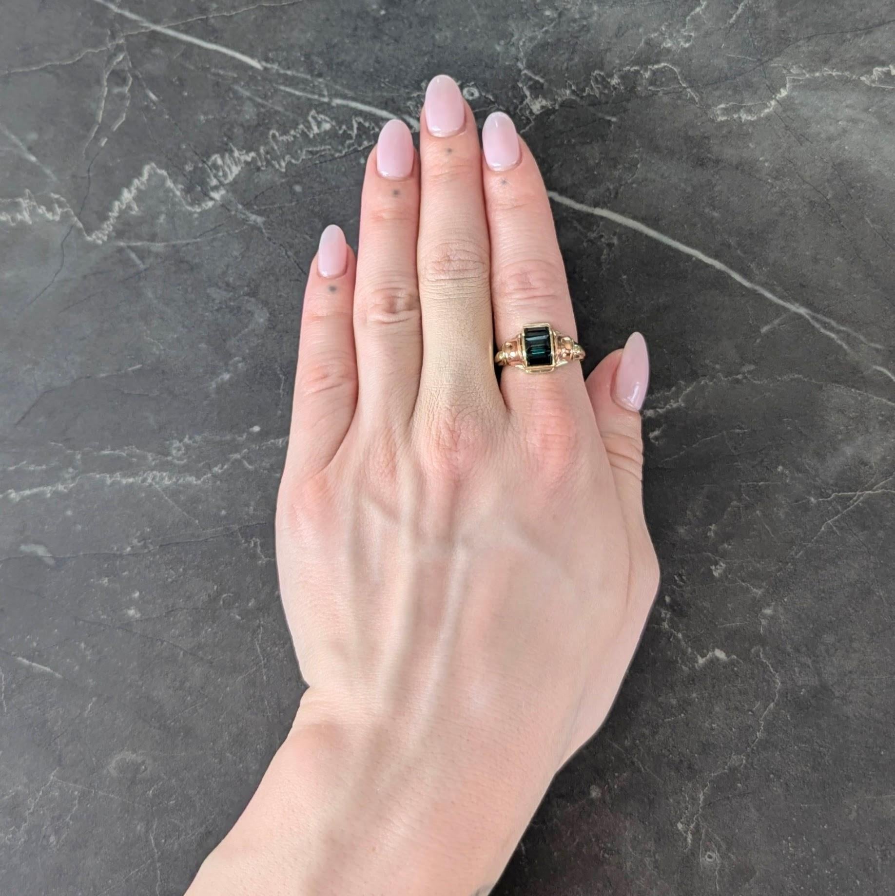 Retro French Tourmaline 14 Karat Two-Tone Gold Domed Vintage Tank Ring