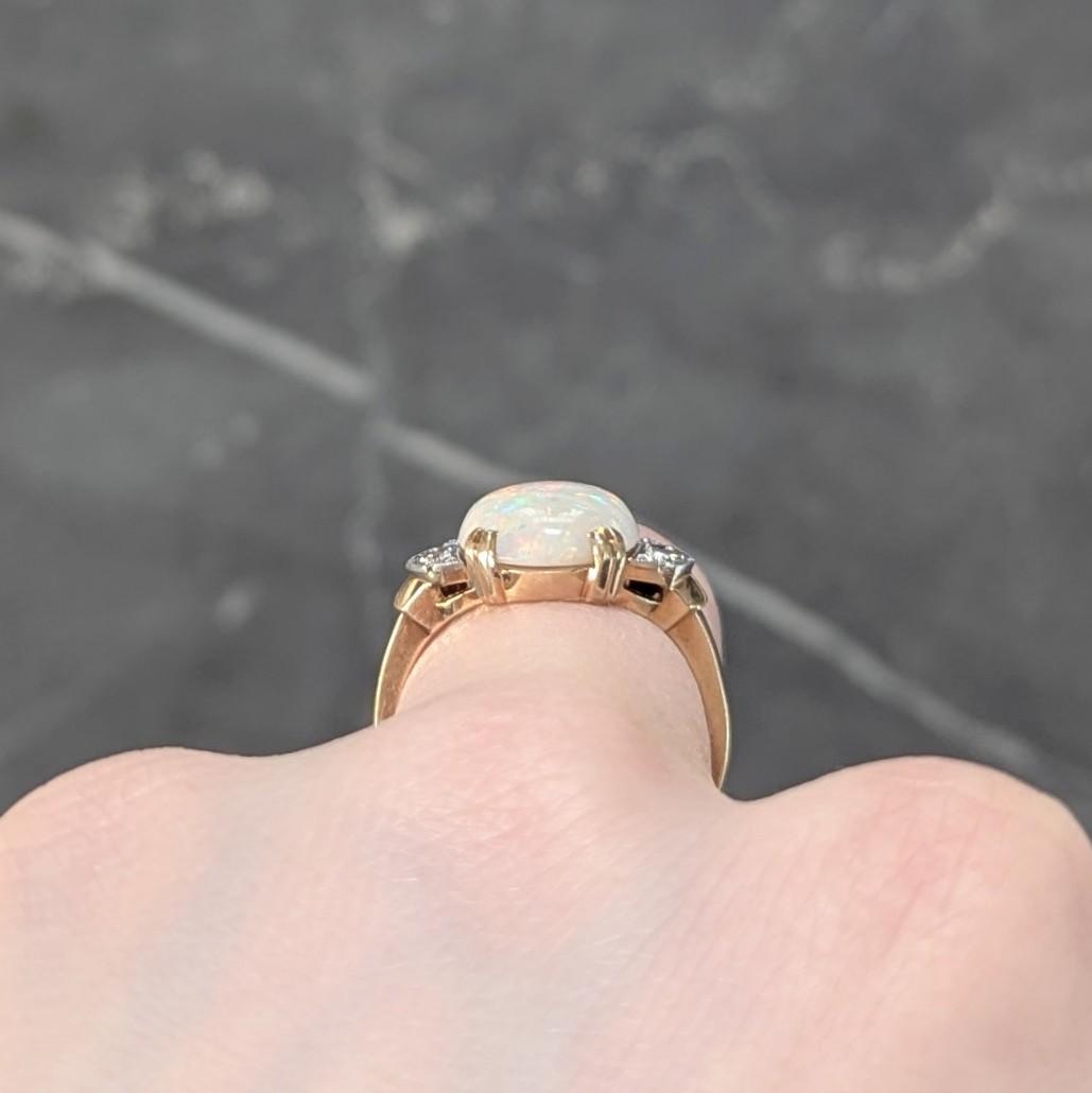 Helm & Hahn Co. Art Deco Opal Diamond 14 Karat Gold Three Stone Vintage Ring