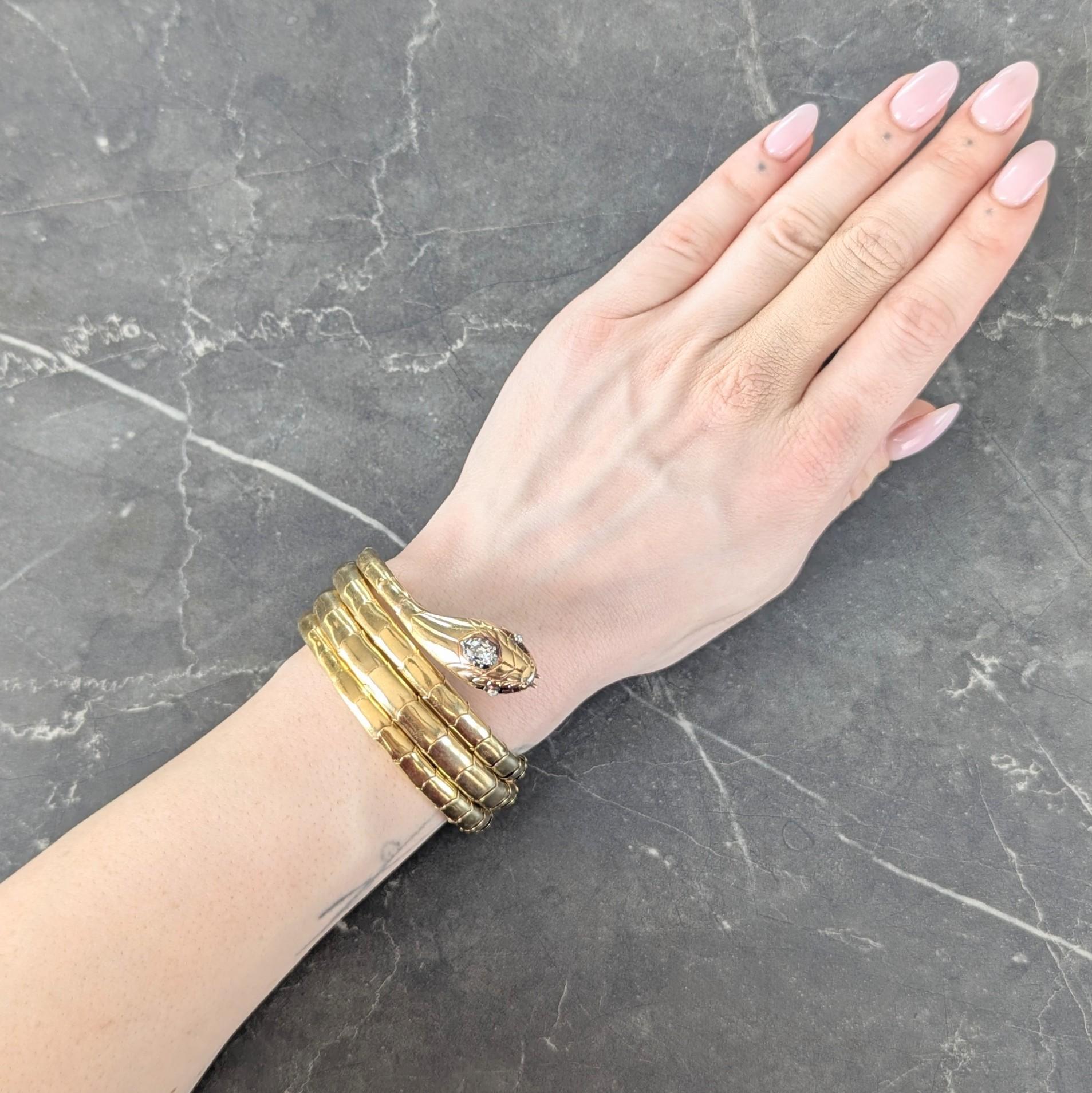 Victorian Diamond 18 Karat Yellow Gold Silver Antique Snake Wrap Bracelet