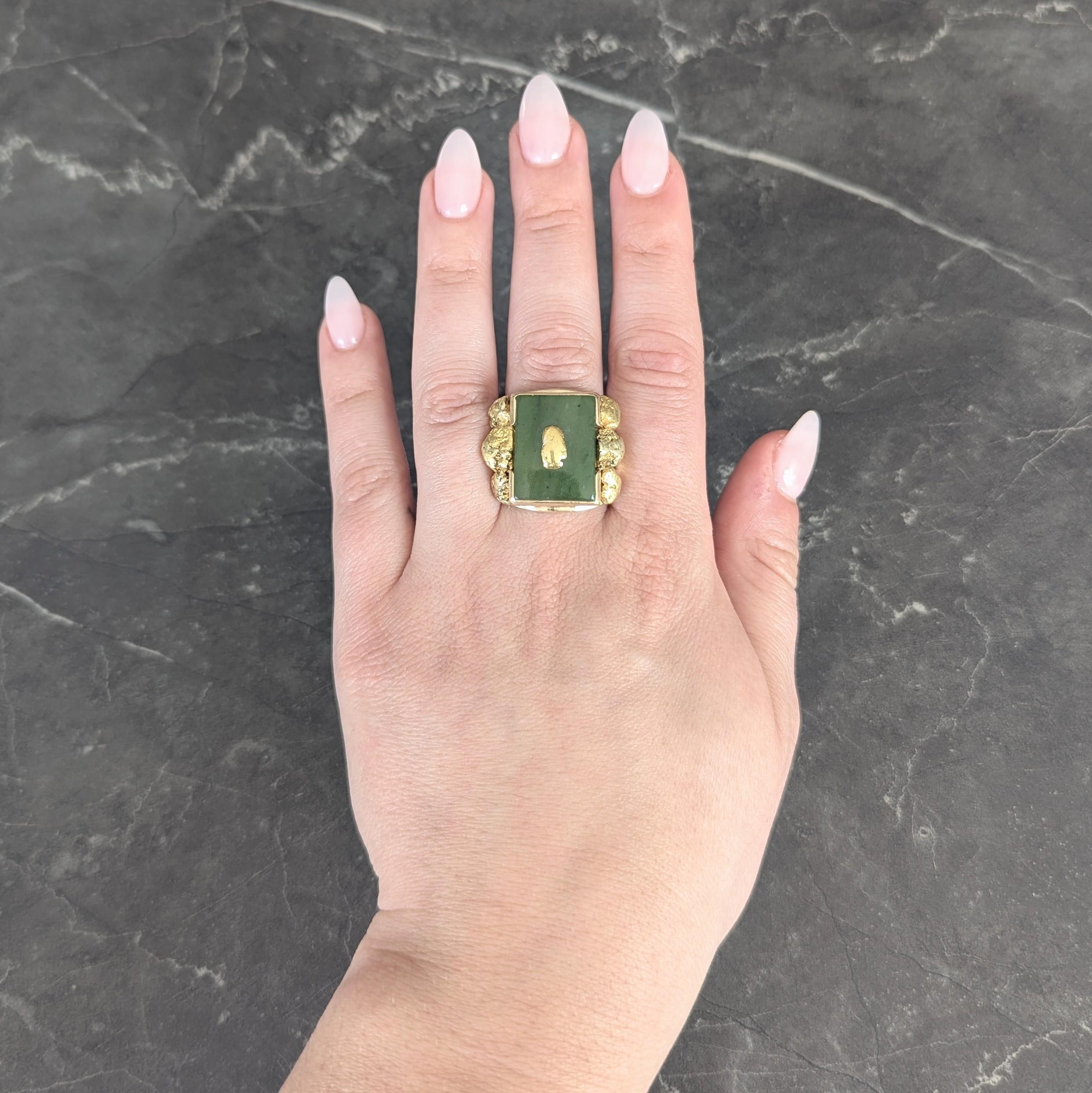 1960's Nephrite Jade 10 Karat Yellow Gold Vintage Nugget Signet Ring