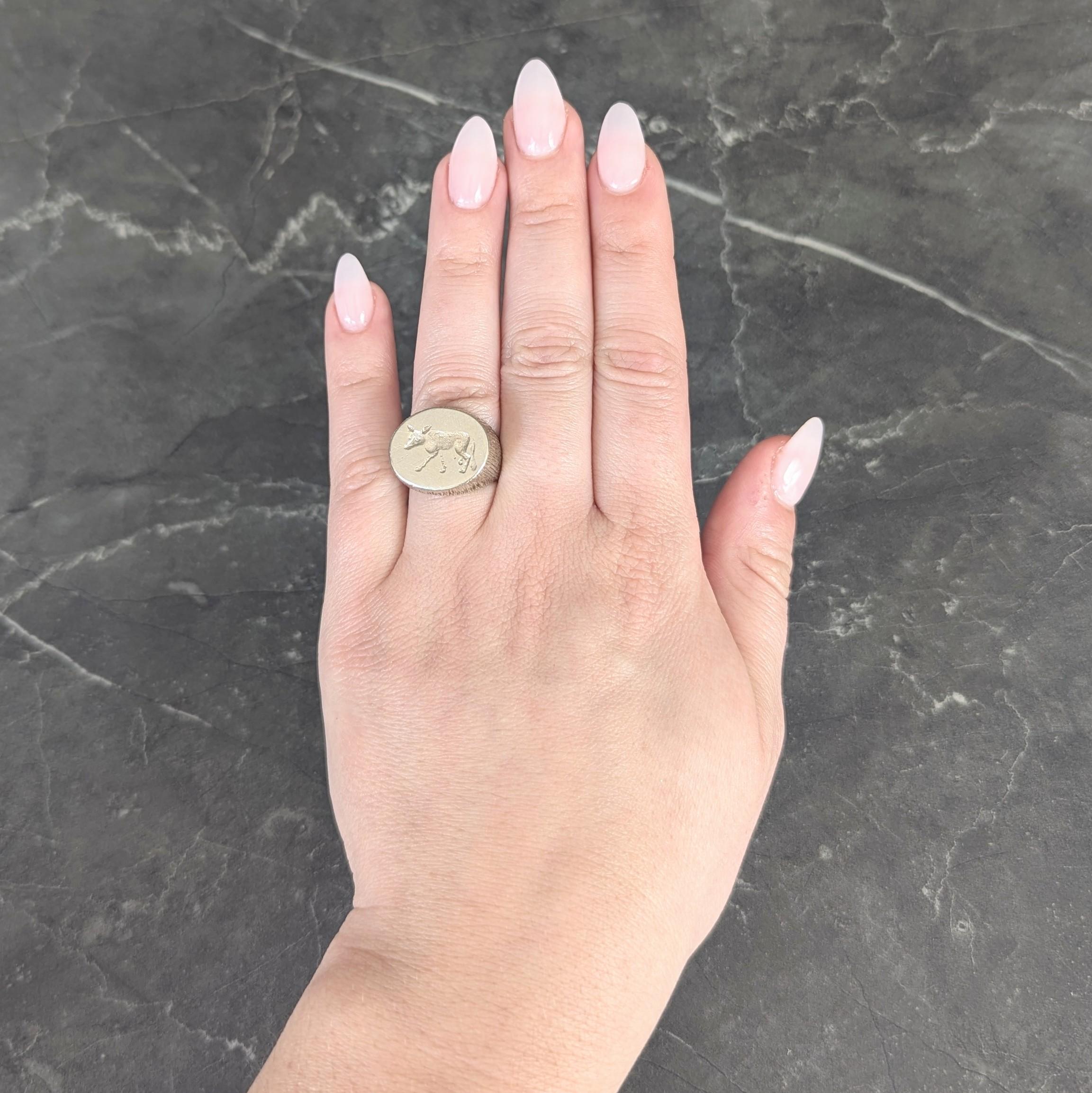 Edwardian 14 Karat White Gold Antique Fox Intaglio Unisex Signet Ring