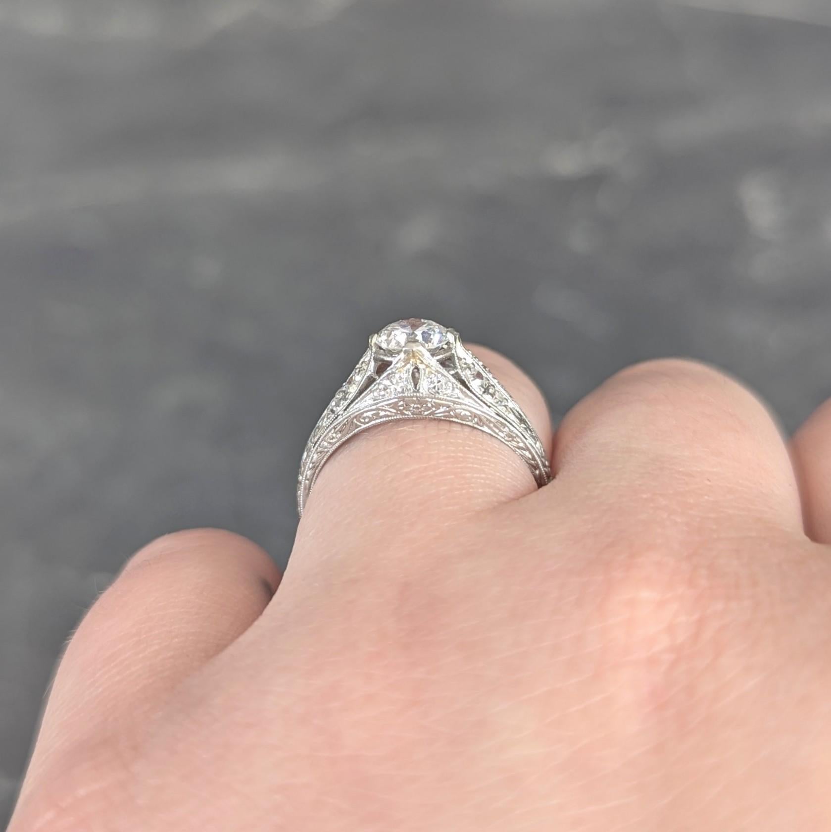 Late Art Deco 0.84 CTW Diamond Platinum Vintage Foliate Bombé Engagement Ring