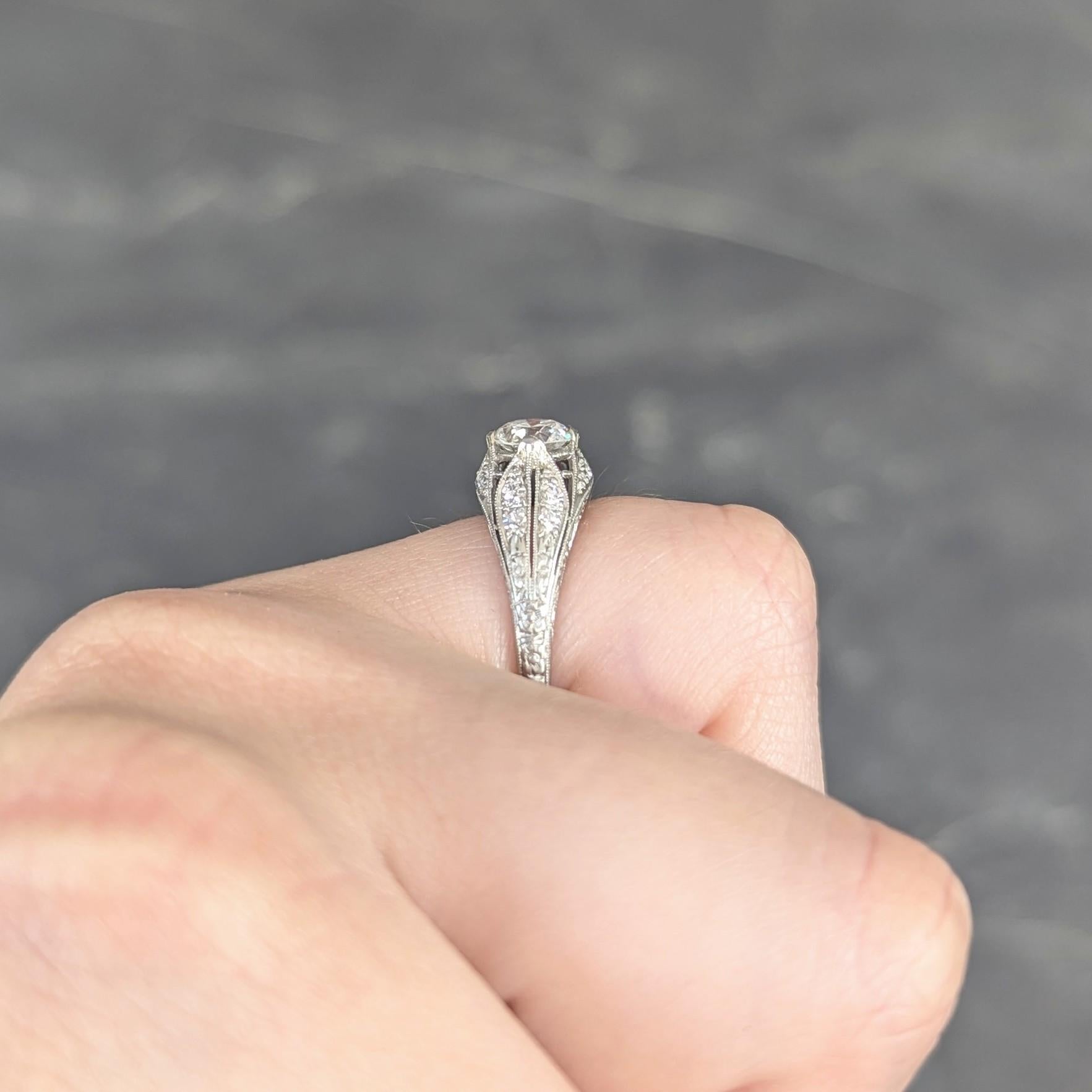 Late Art Deco 0.84 CTW Diamond Platinum Vintage Foliate Bombé Engagement Ring