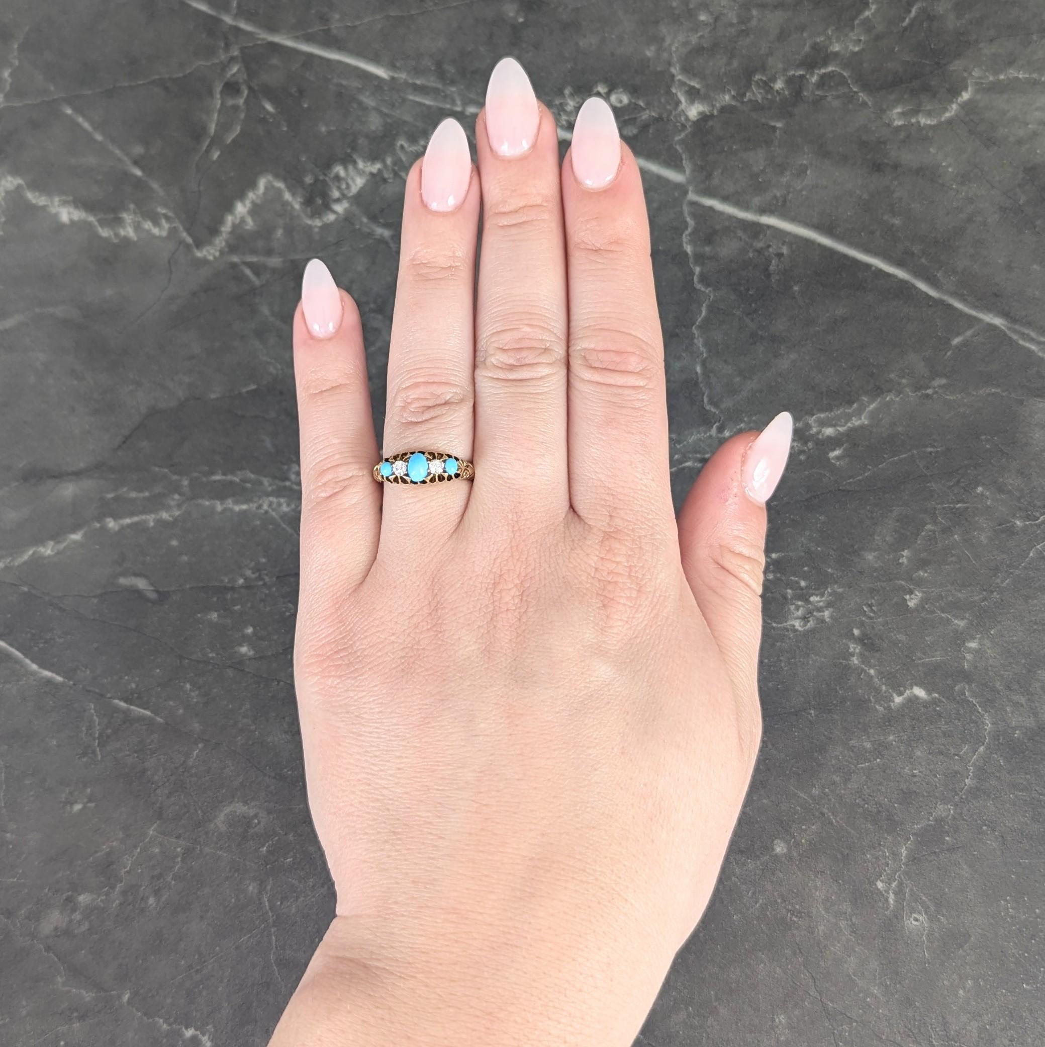 1919 Turquoise Diamond 18 Karat Yellow Gold Antique Five Stone Band Ring