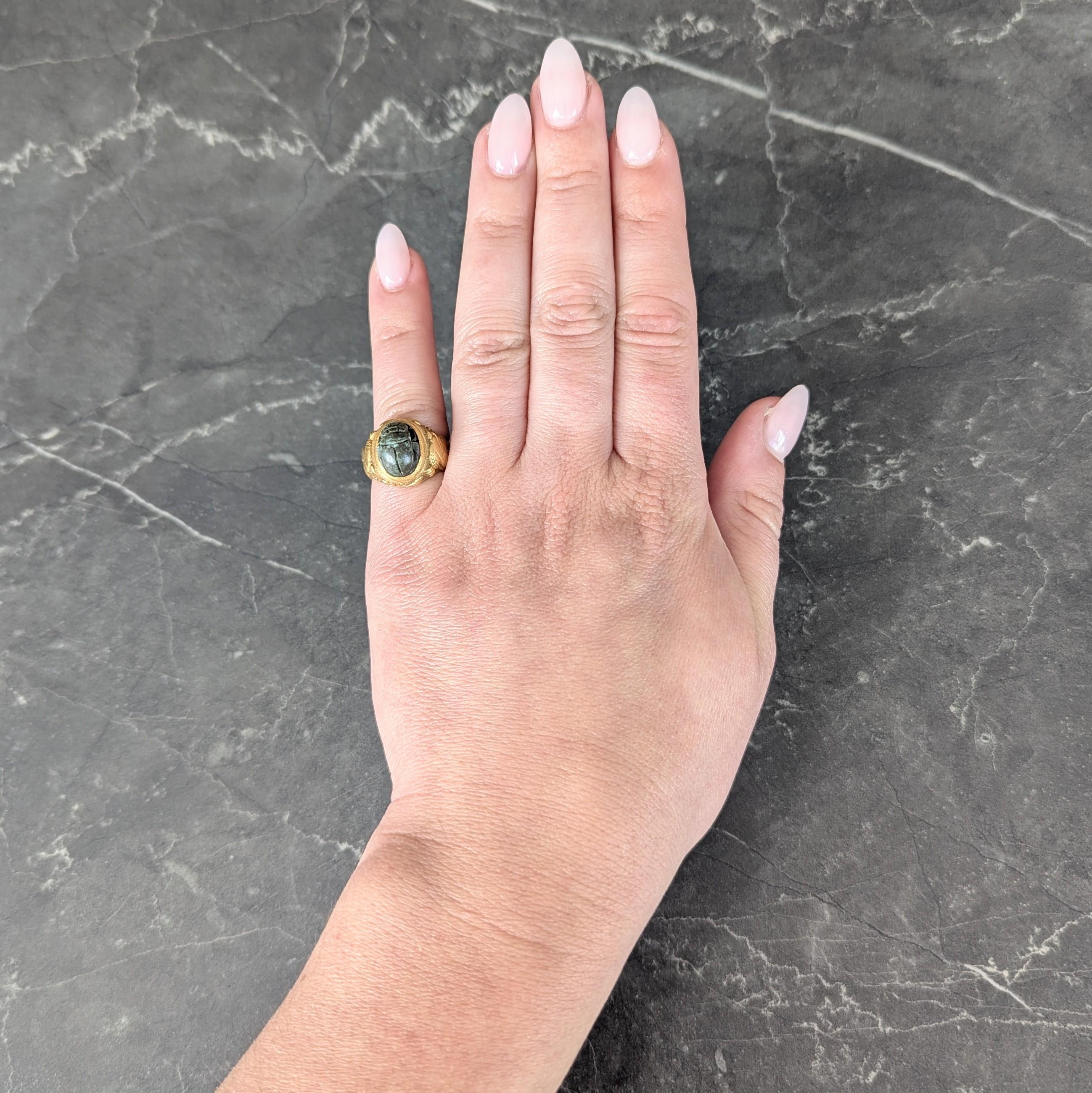 Jones Woodland Art Deco Egyptian Revival Hardstone 14K Gold Antique Scarab Ring