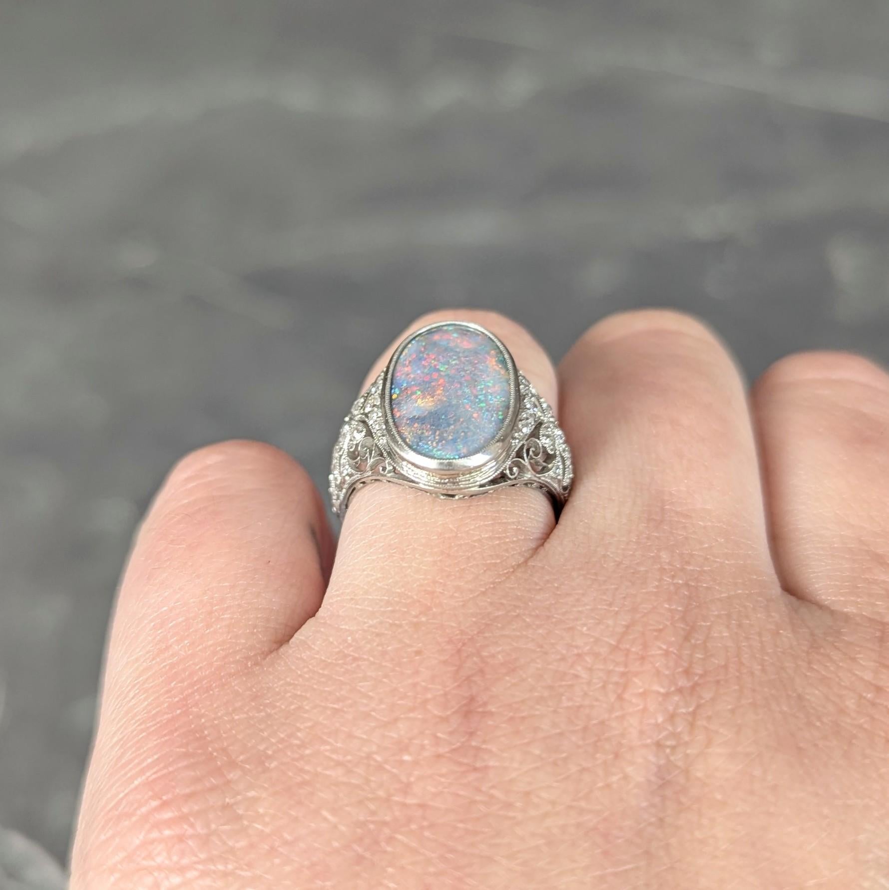 Edwardian Black Opal Diamond Platinum Antique Clover Dinner Ring