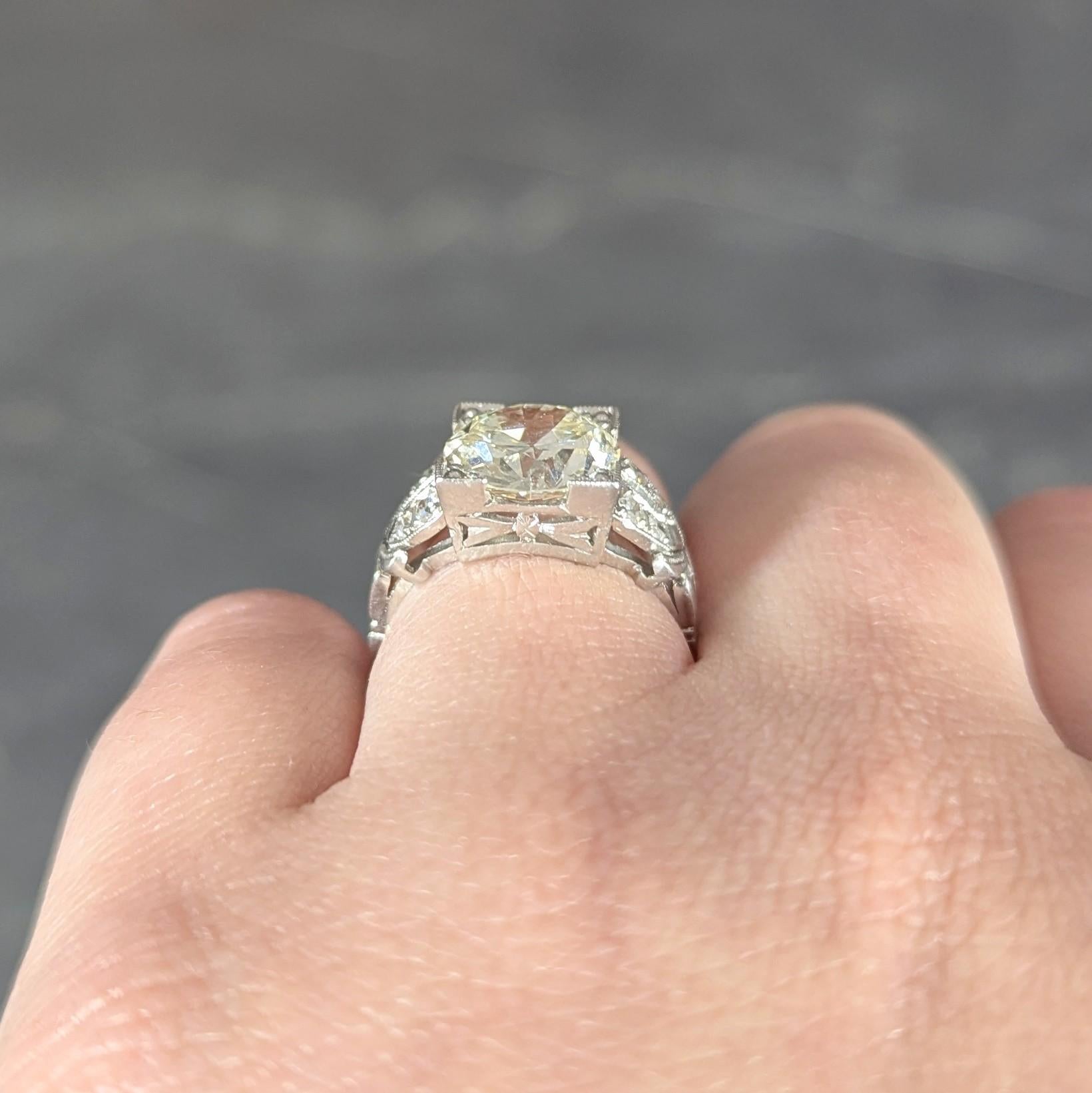 Art Deco 2.95 CTW European Diamond Platinum Vintage Buckle Engagement Ring GIA