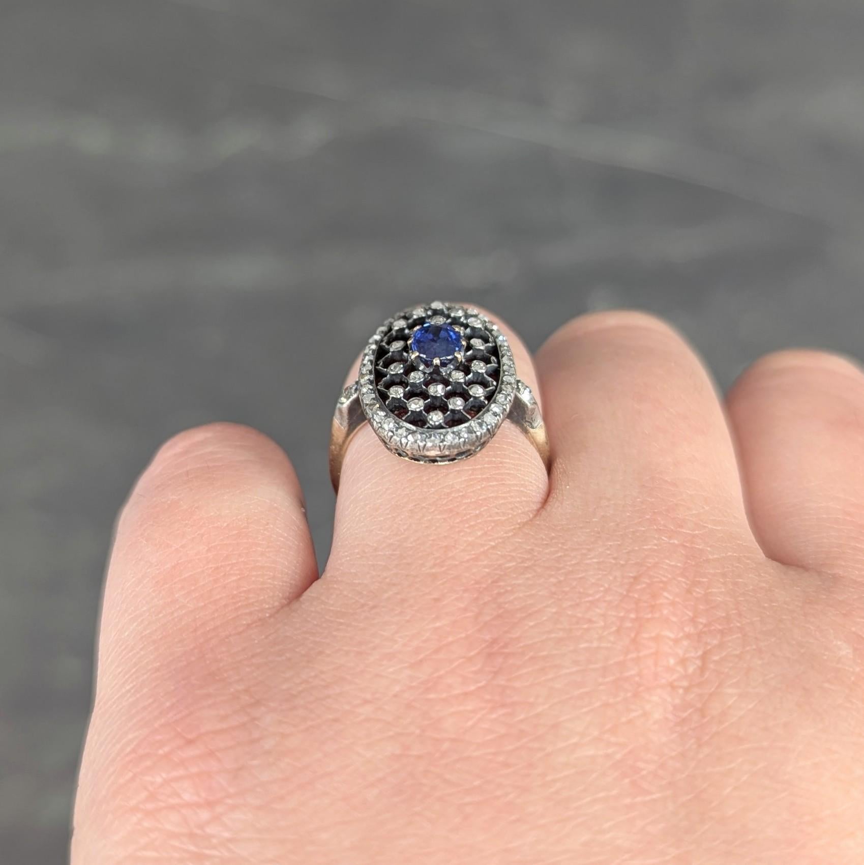 Victorian Sapphire Diamond Enamel Silver 18K Gold Antique Navette Cluster Ring