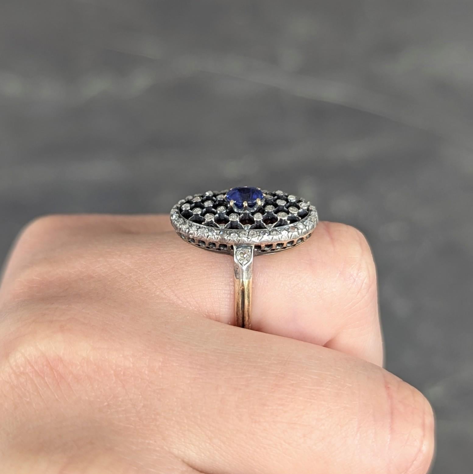 Victorian Sapphire Diamond Enamel Silver 18K Gold Antique Navette Cluster Ring