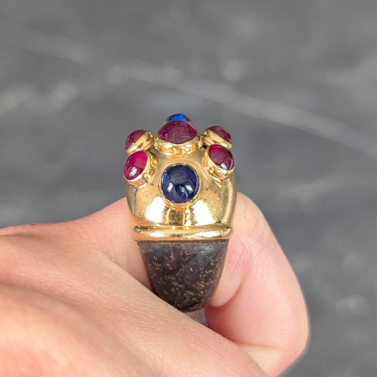 Poiray Paris 1980's 5.80 CTW Sapphire Ruby Wood 18K Gold Vintage Dome Ring