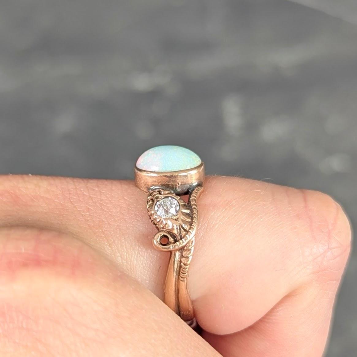 Victorian Diamond Opal 14 Karat Rose Gold Antique Lovers Knot Snake Ring