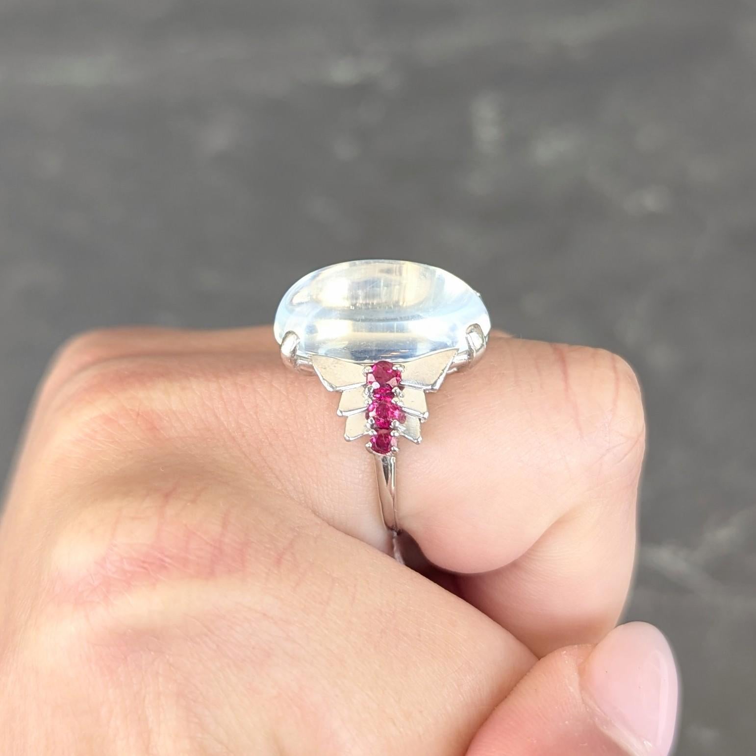 Mid-Century Moonstone Ruby Platinum Vintage Cocktail Ring
