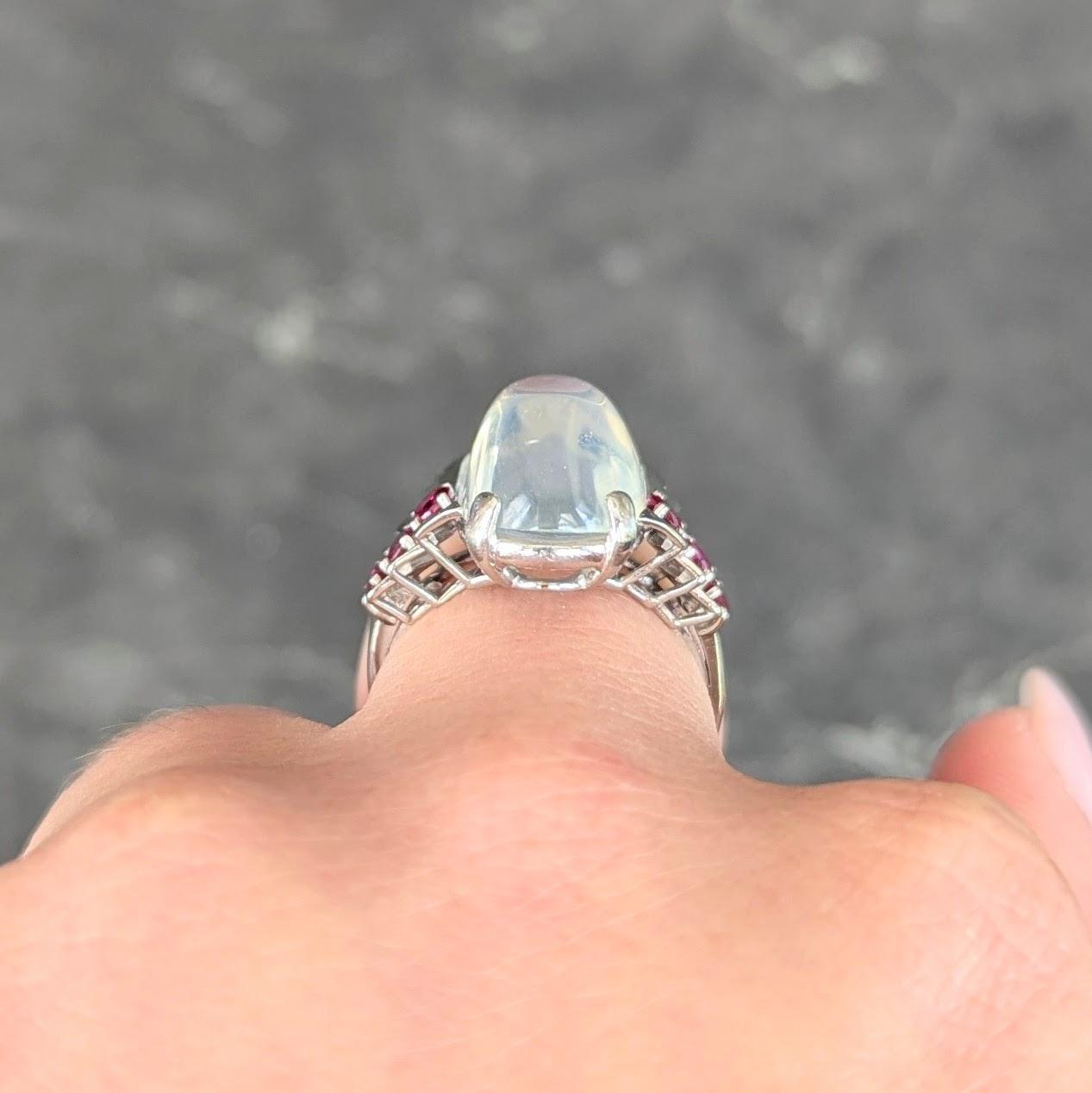 Mid-Century Moonstone Ruby Platinum Vintage Cocktail Ring