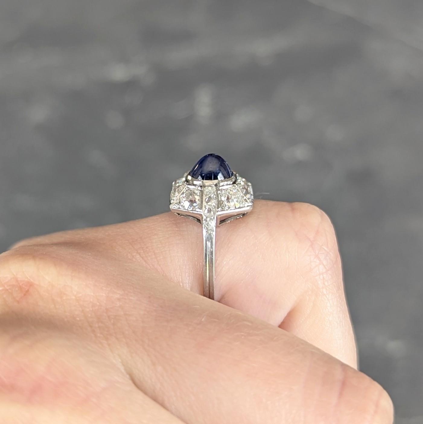 French Art Deco No Heat Sapphire Diamond Platinum Vintage Cluster Ring GIA