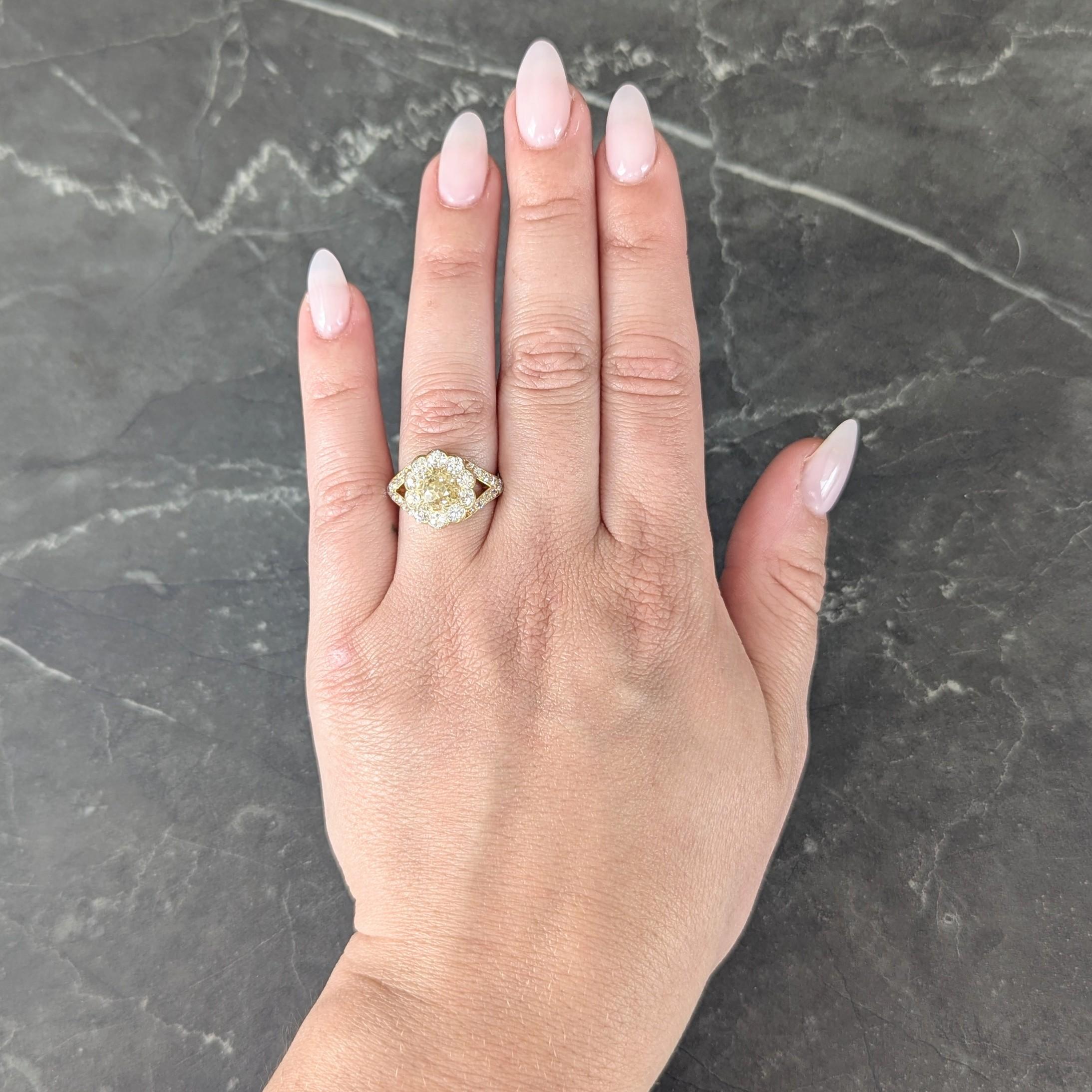 Victorian 3.06 Fancy Yellow Diamond 18K Gold Antique Halo Engagement Ring