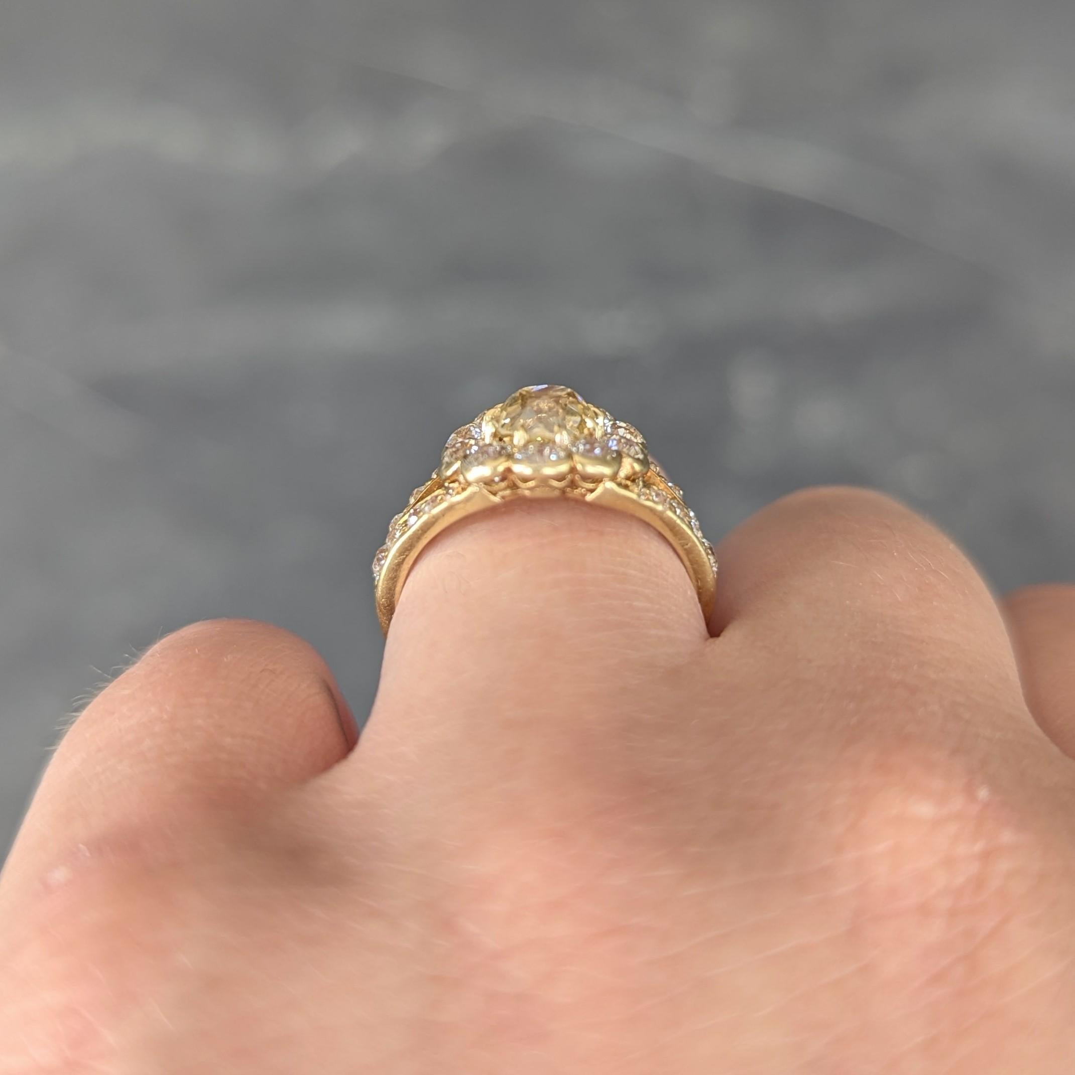 Victorian 3.06 Fancy Yellow Diamond 18K Gold Antique Halo Engagement Ring