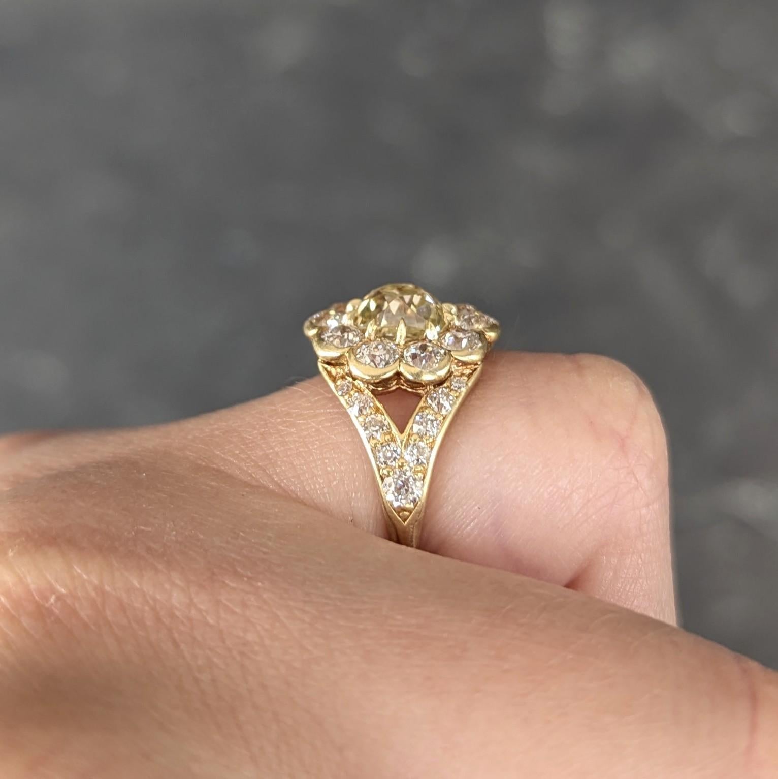 Victorian 3.06 Fancy Yellow Diamond 18K Gold Antique Halo Engagement Ring
