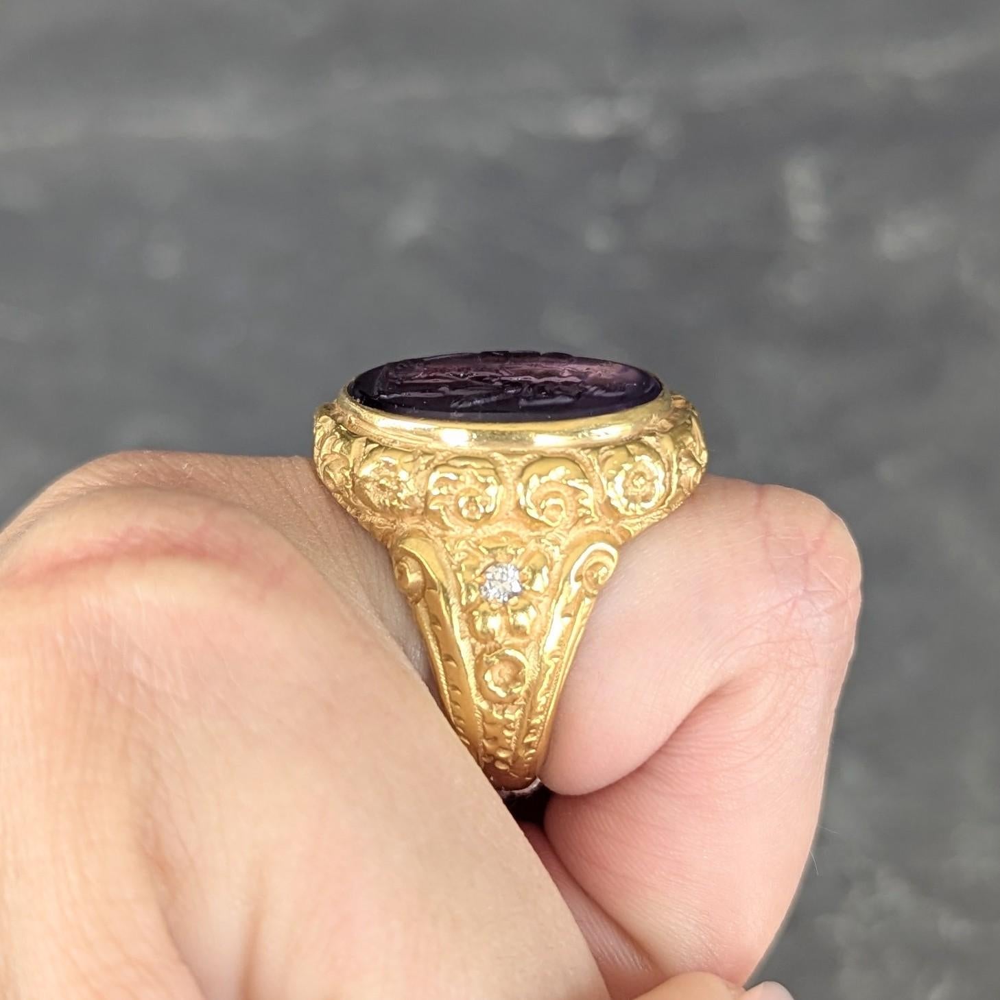 Victorian Amethyst Diamond 14K Gold Antique Greek Unisex Intaglio Signet Ring
