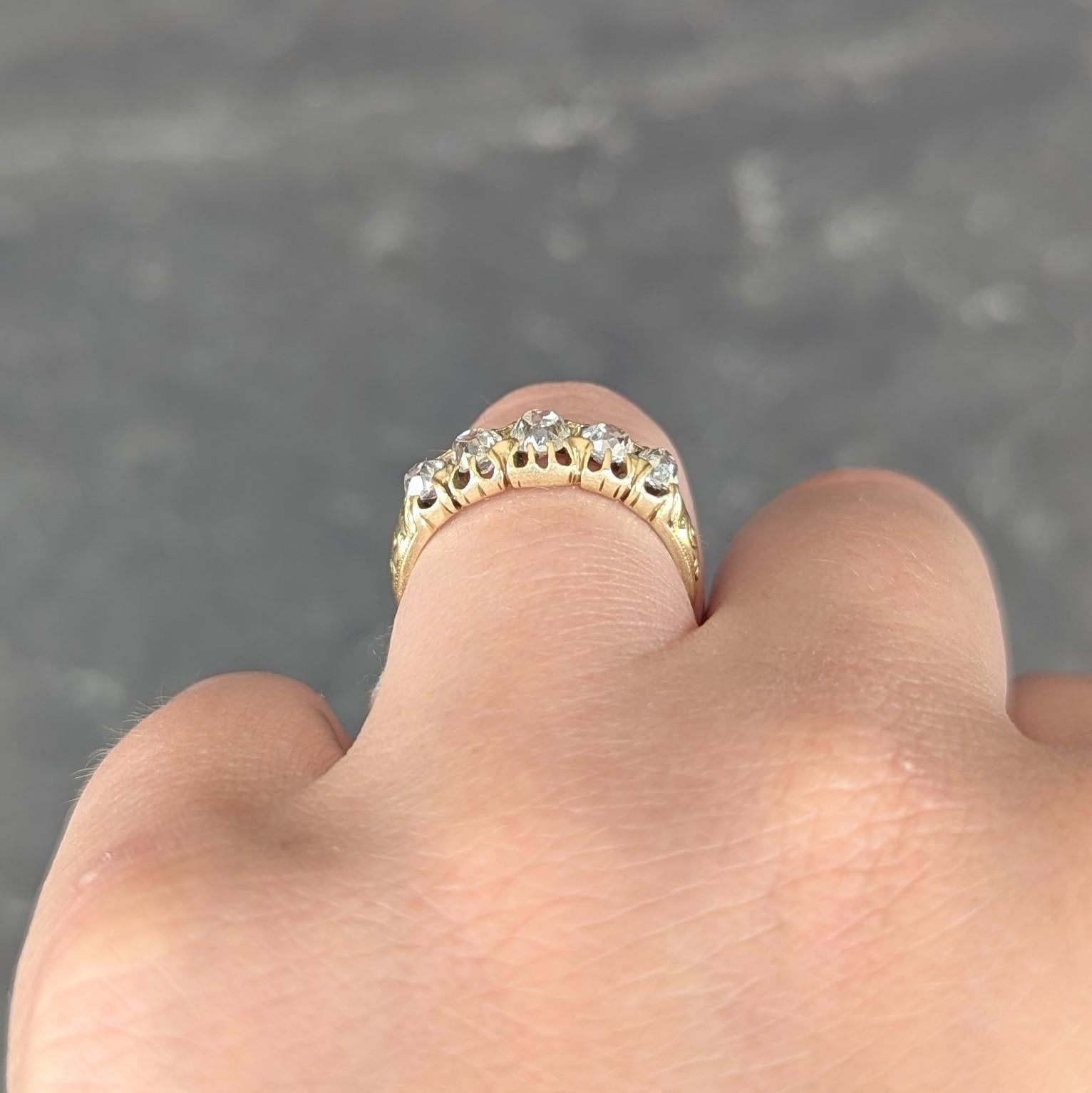Victorian 0.95 CTW Old Mine Diamond 18K Gold Antique Five Stone Scroll Band Ring