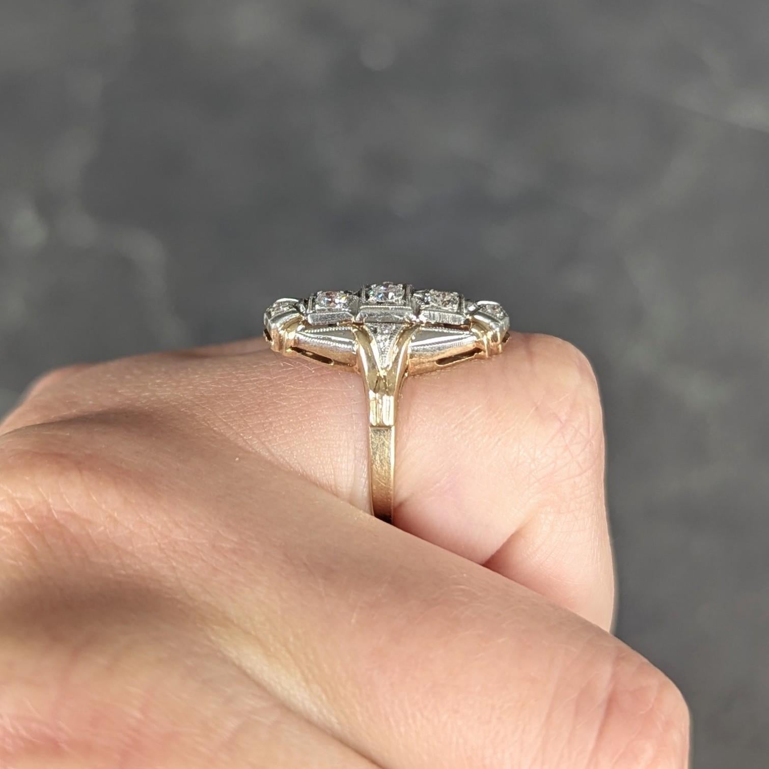 Art Deco Diamond Platinum 14 Karat Yellow Gold Vintage Navette Dinner Ring