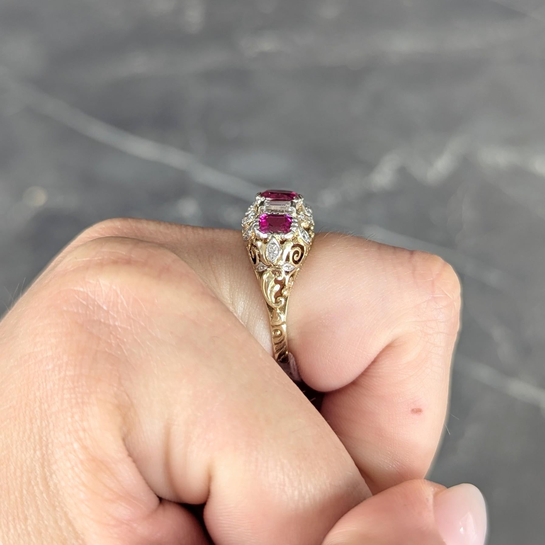 Edwardian 3.00 CTW Diamond Ruby Platinum 14K Gold Antique Scroll Band Ring GIA